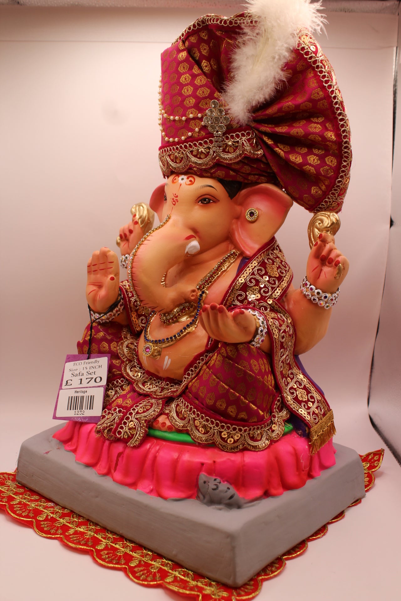 Eco-Friendly Ganesh Visarjan idol, Full Safa Set Rani Pink & Purple, side view