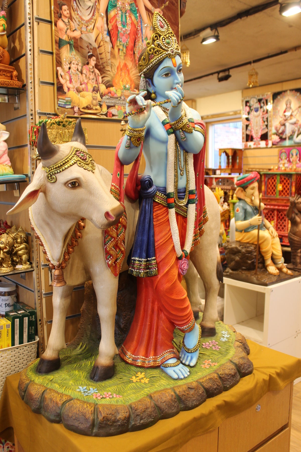 Resin/Fibre Krishna with Cow Statue – Large Painted Showpiece, 43 inch – side view