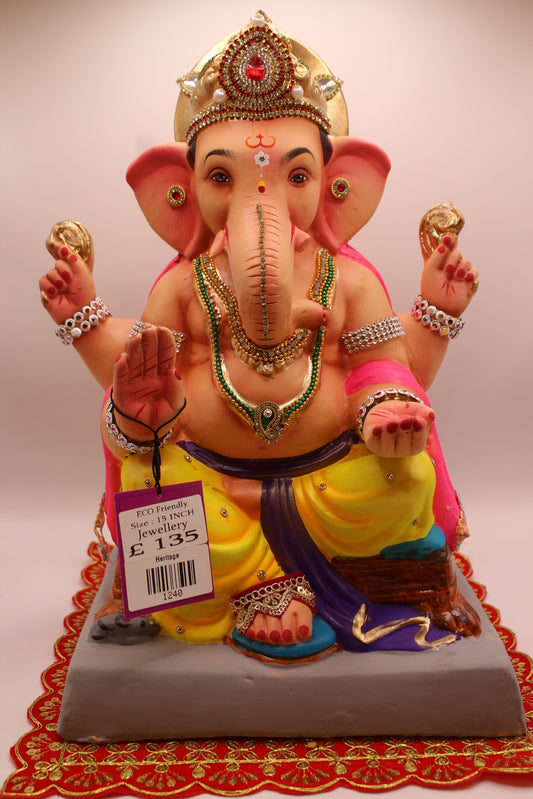 Eco-Friendly Ganesh Visarjan idol, Jewellery Style Yellow Dhoti & Pink Khes, front view