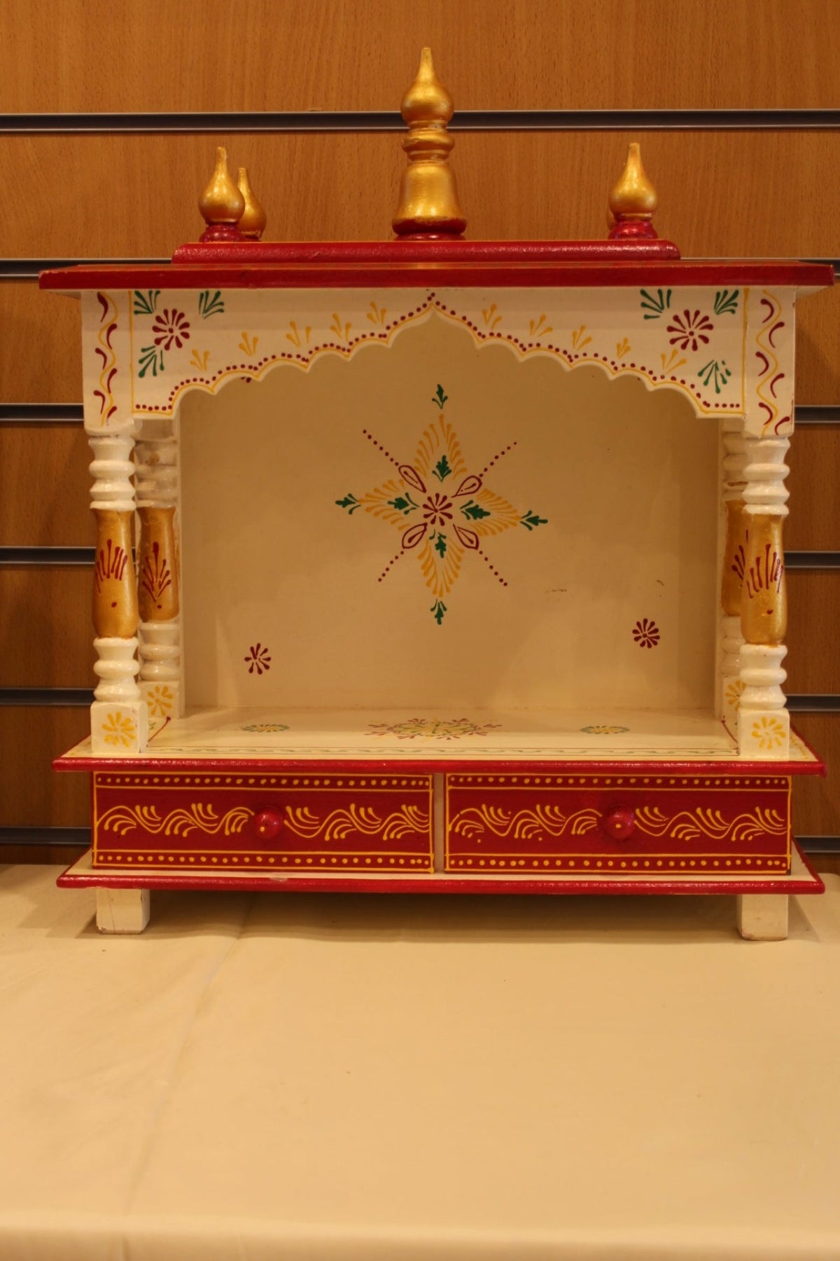 Open Front Jaipuri Mandir in white & red, front view