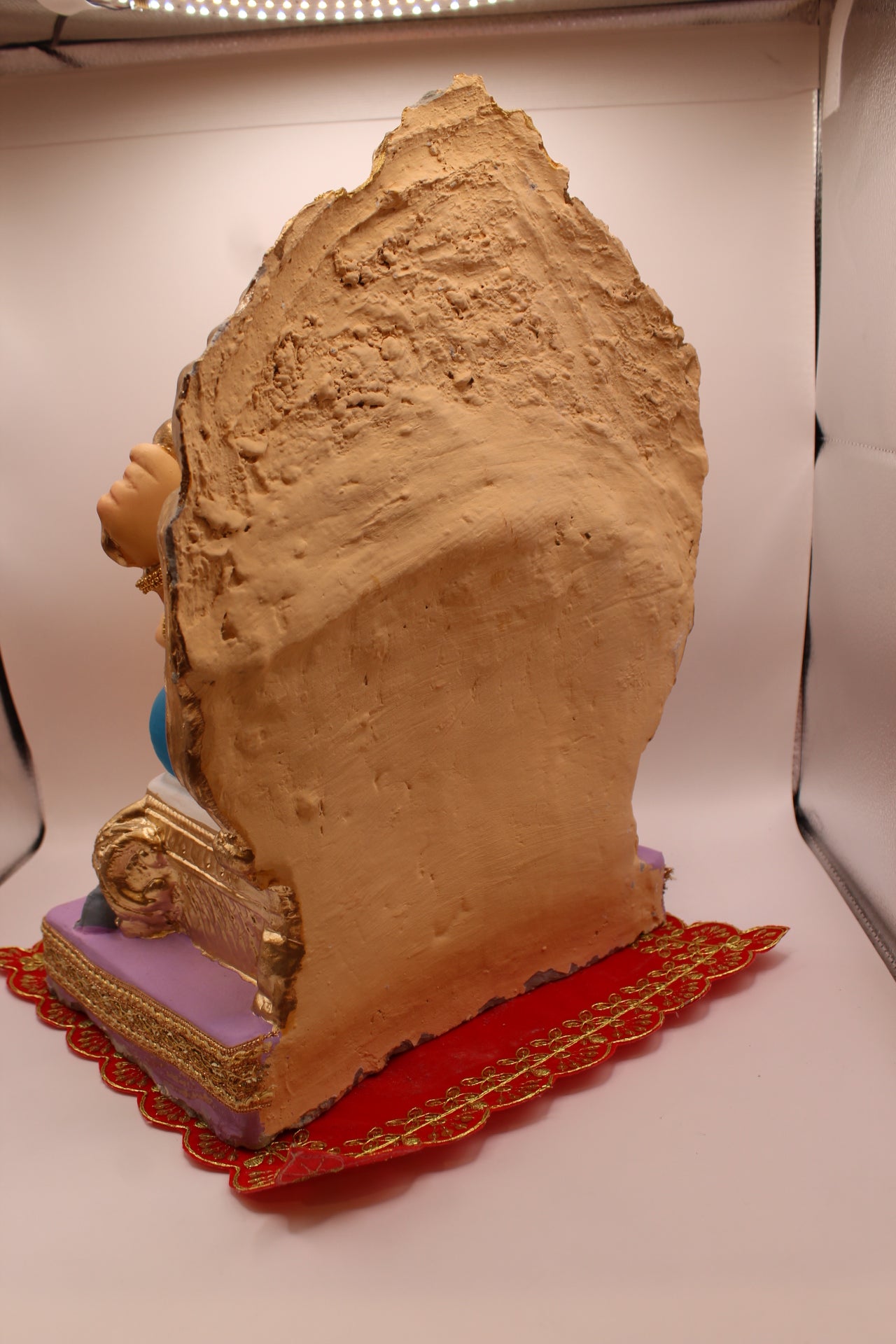 Eco-Friendly Ganesh Visarjan idol, Jewellery Style Pink Khes & Yellow Dhoti, Gold Prabhavali, back view