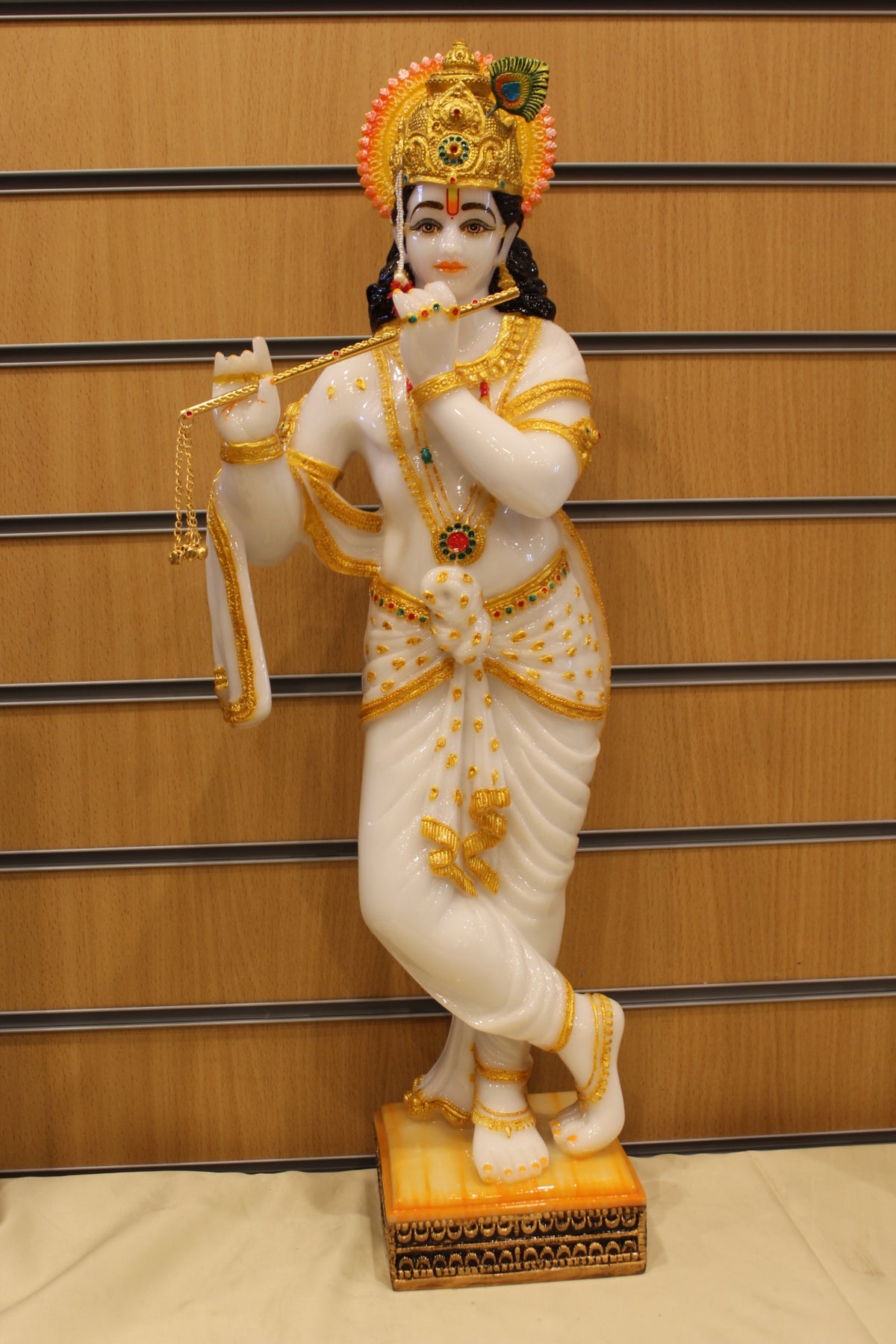 Resin/Fibre Krishna Statue for Home Temple – Playing Flute, 25 inch – White & Gold – front view