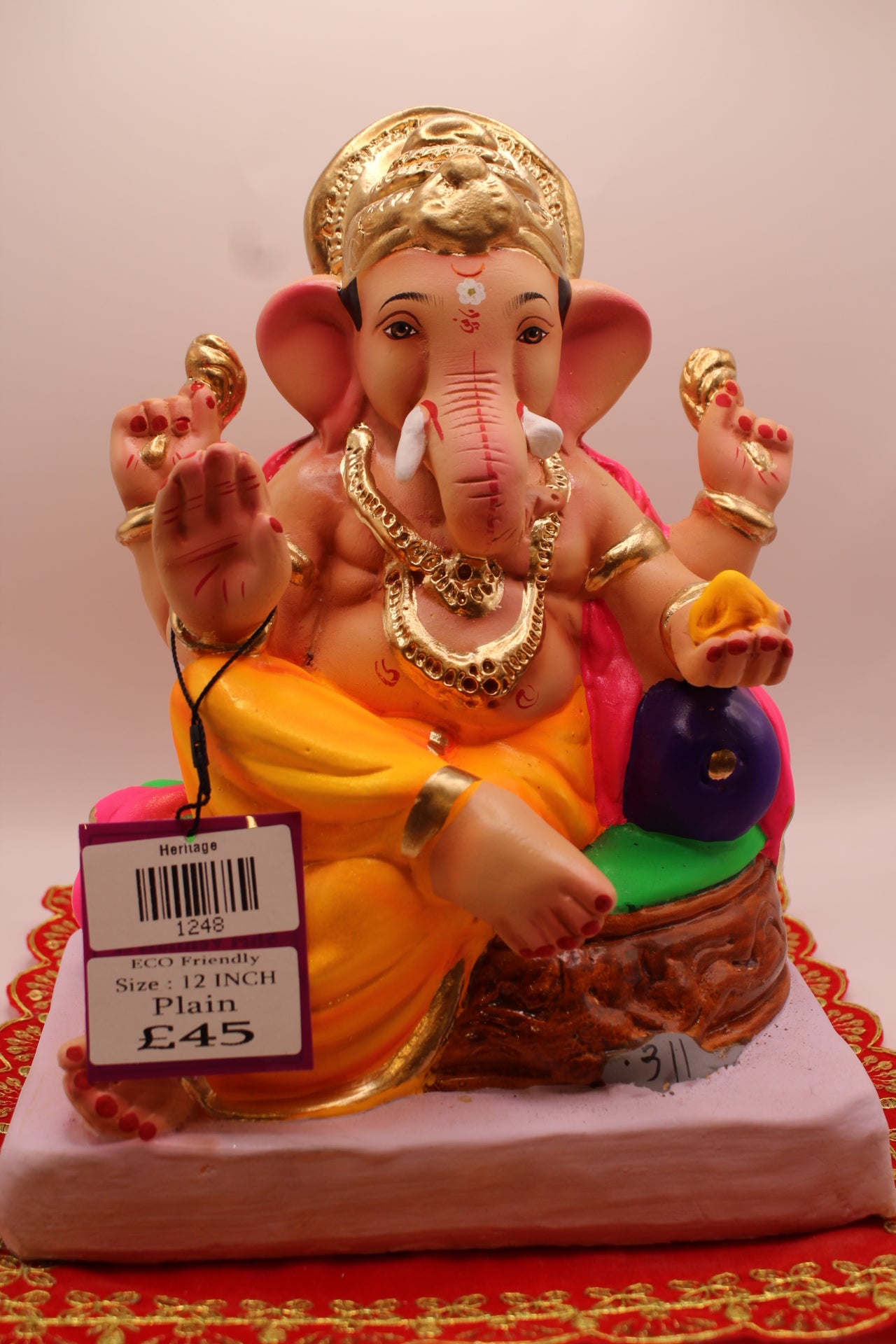 Eco-Friendly Ganesh Visarjan idol, Pink Khes & Saffron Dhoti, Carved Wooden Throne, front view