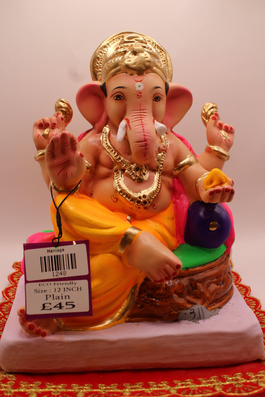 Eco-Friendly Ganesh Visarjan idol, Pink Khes & Saffron Dhoti, Carved Wooden Throne, front view