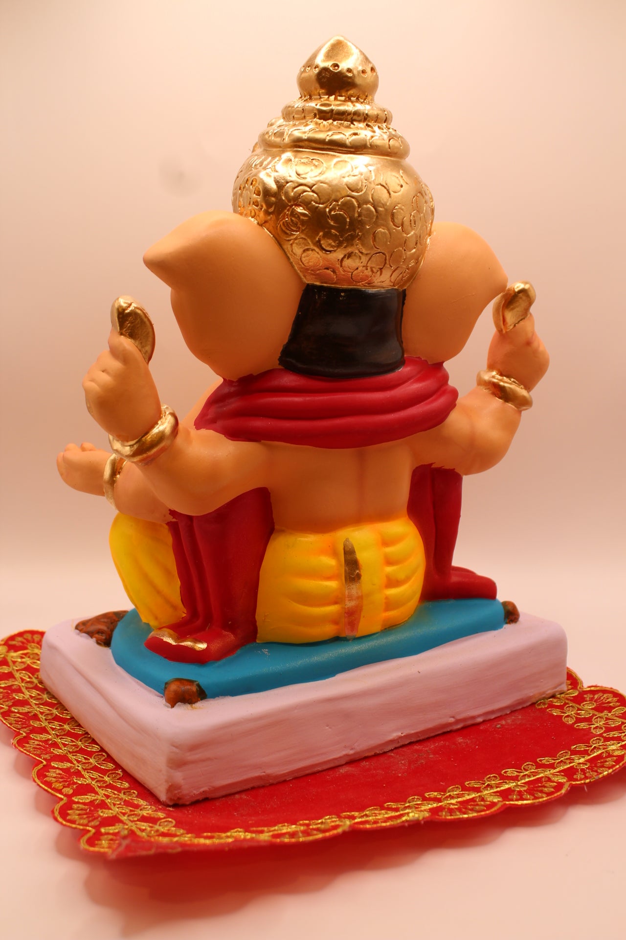 Eco-Friendly Ganesh Visarjan idol, Red Khes & Yellow Dhoti, Tall Gold Mukut, back view