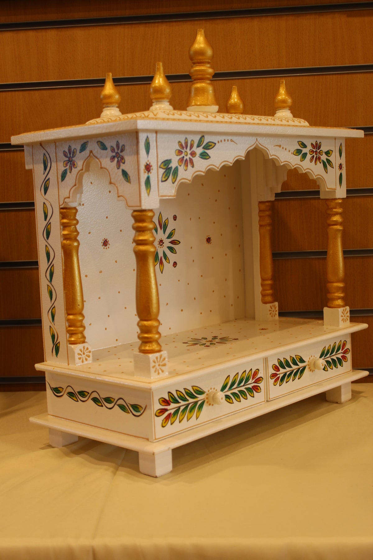 Open Front Jaipuri Mandir in white & green leaf art, angled side view