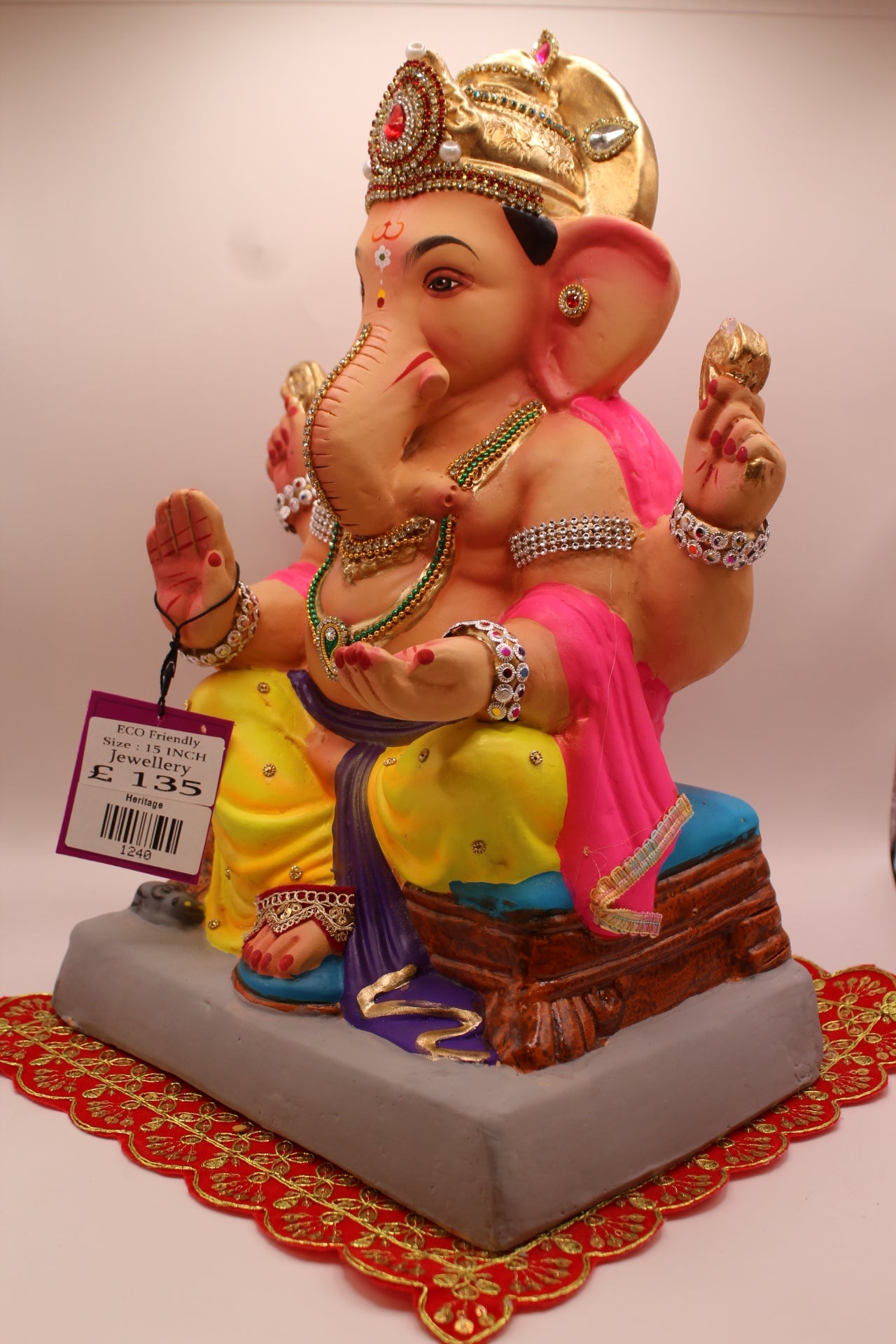 Eco-Friendly Ganesh Visarjan idol, Jewellery Style Yellow Dhoti & Pink Khes, close-up