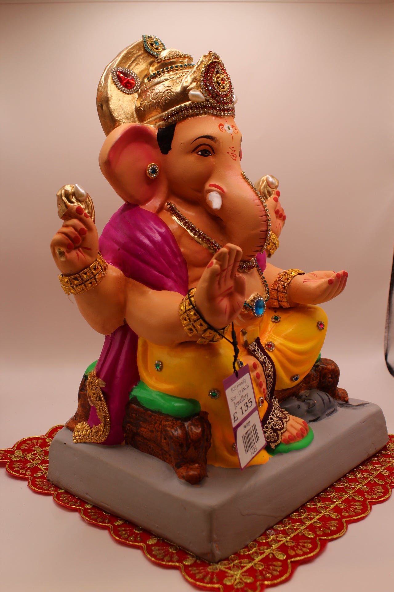 Eco-Friendly Ganesh Visarjan idol, Jewellery Style Magenta Khes & Yellow Dhoti, side view