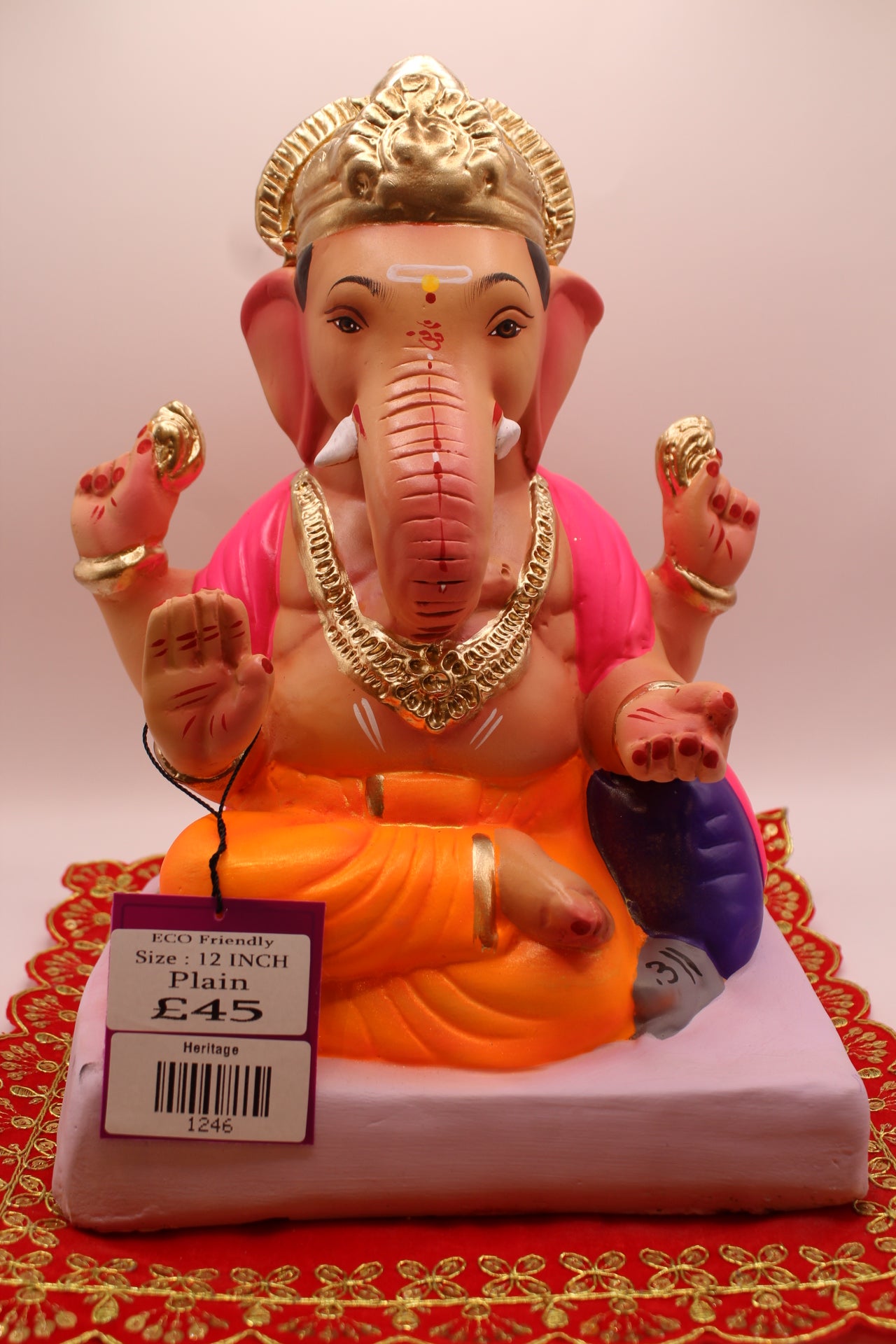 Eco-Friendly Ganesh Visarjan idol, Pink Khes & Orange Dhoti, Purple Bolster, front view