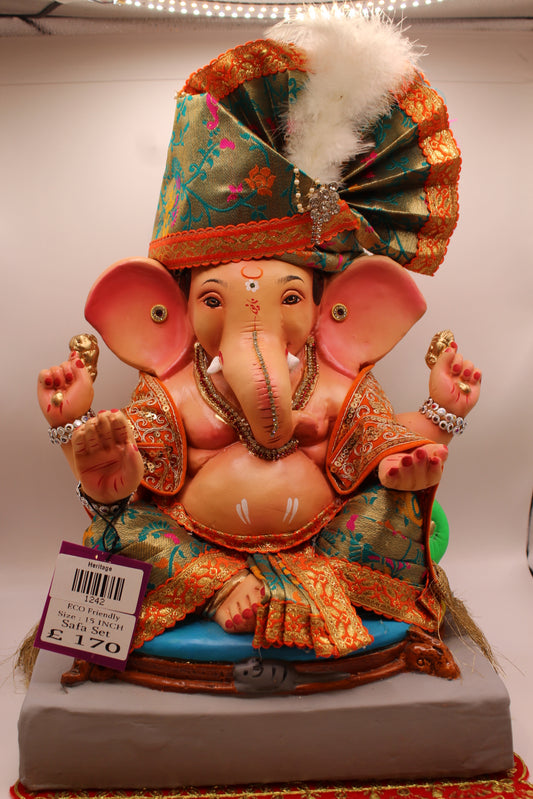 Eco-Friendly Ganesh Visarjan idol, Full Safa Set Olive Gold Paithani & Orange Velvet, front view