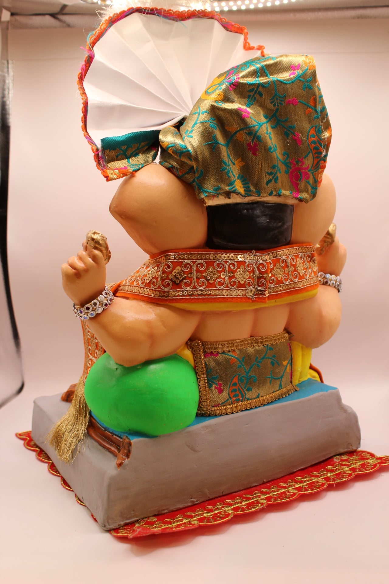 Eco-Friendly Ganesh Visarjan idol, Full Safa Set Olive Gold Paithani & Orange Velvet, back view