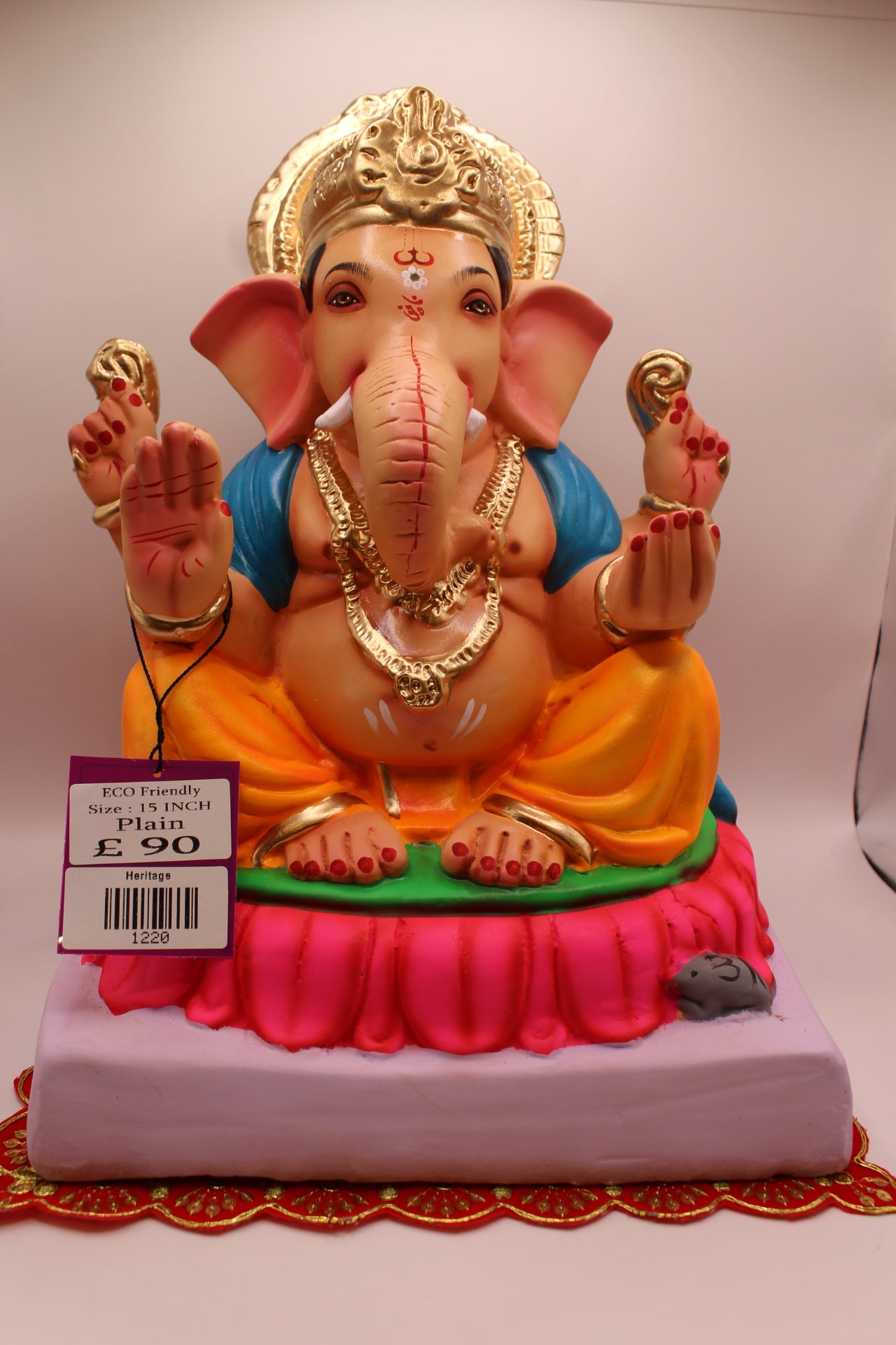 Eco-Friendly Ganesh Visarjan idol, Blue Khes & Orange Dhoti, Pink Lotus Base, front view