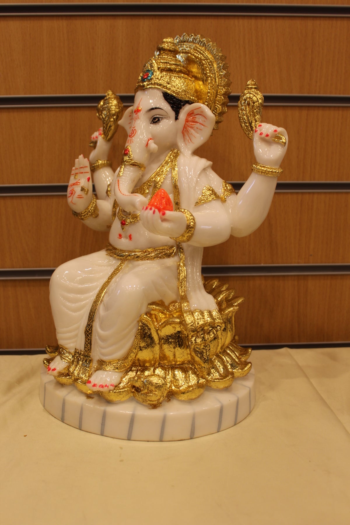 Resin/Fibre Ganesh Statue for Home Temple – White & Gold on Lotus, 14 inch – right side view