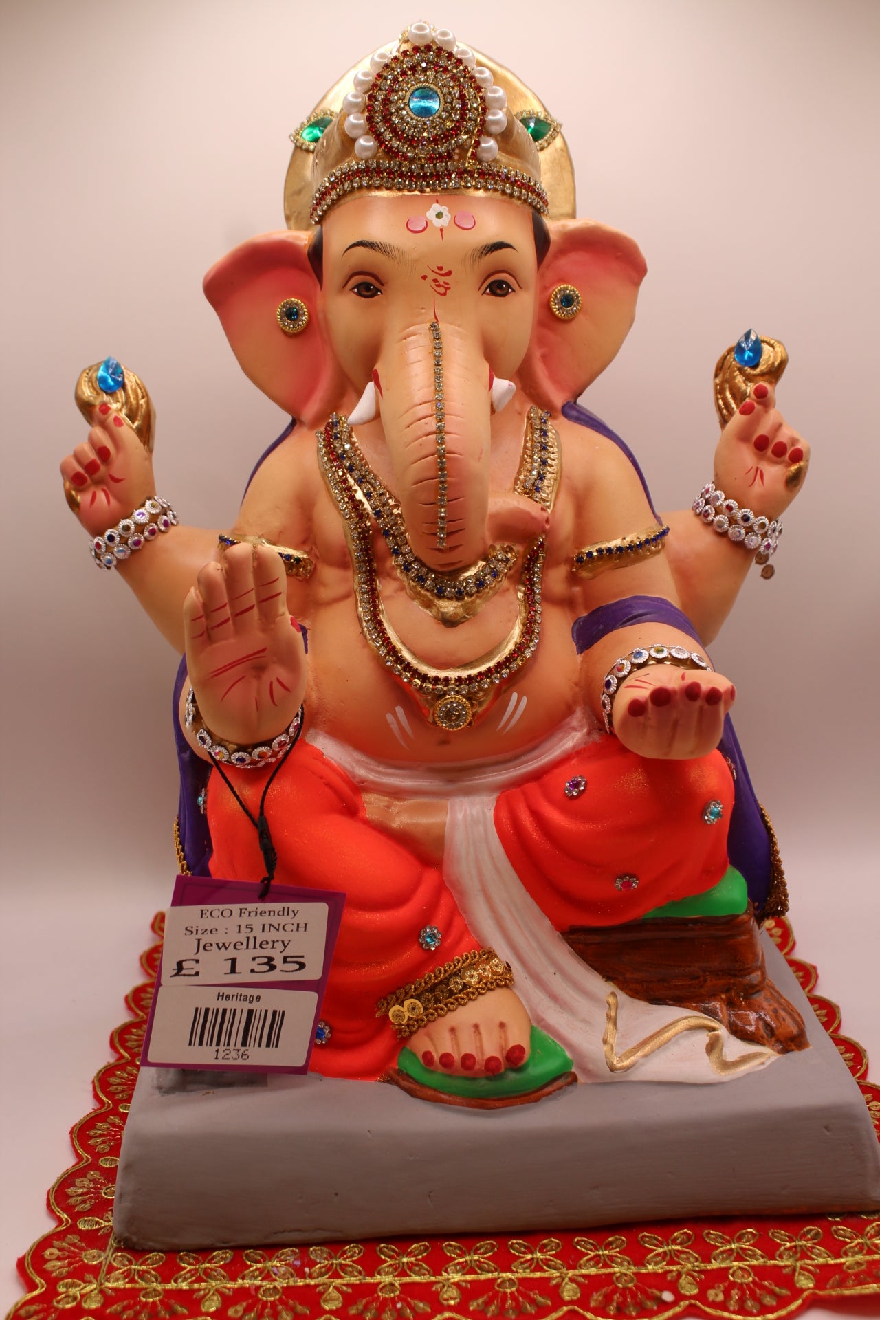 Eco-Friendly Ganesh Visarjan idol, Jewellery Style Purple Khes & Orange Dhoti, front view