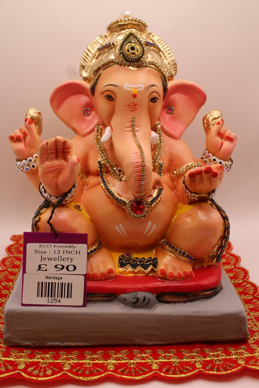 Eco-Friendly Ganesh Visarjan idol, Jewellery Style Yellow Dhoti & Navy Gold Border, front view