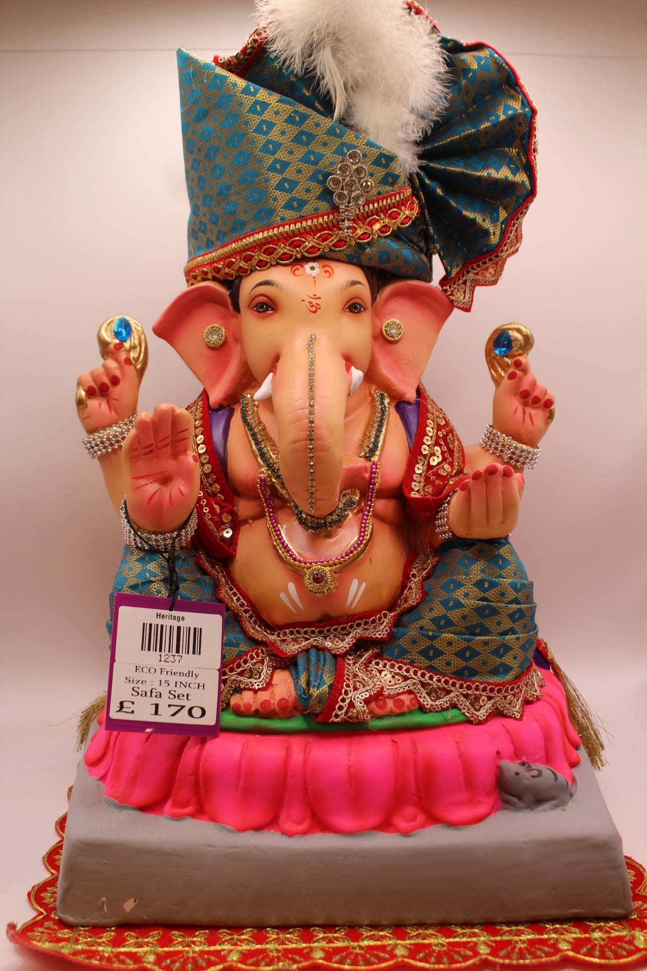 Eco-Friendly Ganesh Visarjan idol, Full Safa Set Teal & Red Velvet, front view