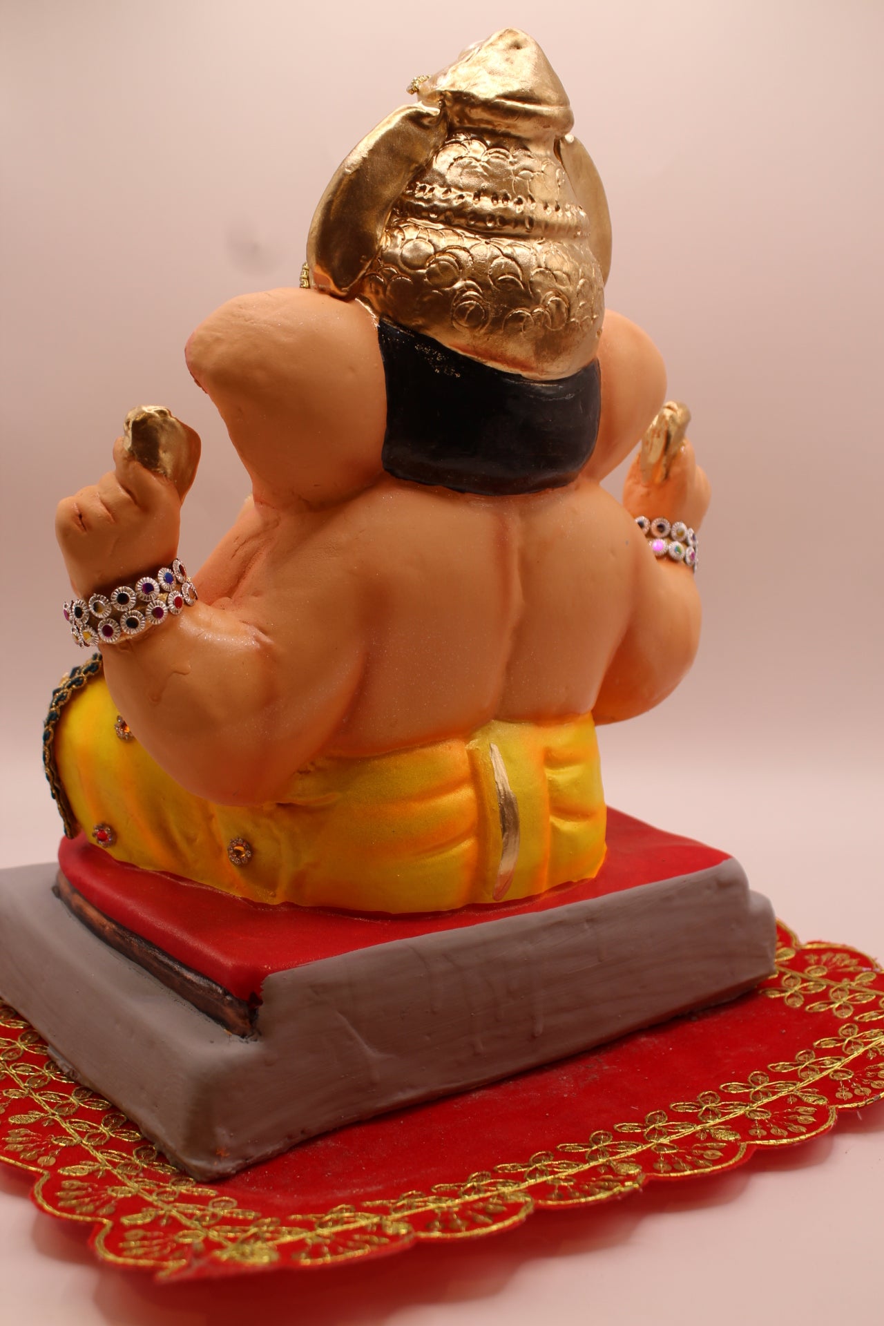 Eco-Friendly Ganesh Visarjan idol, Jewellery Style Yellow Dhoti & Navy Gold Border, back view