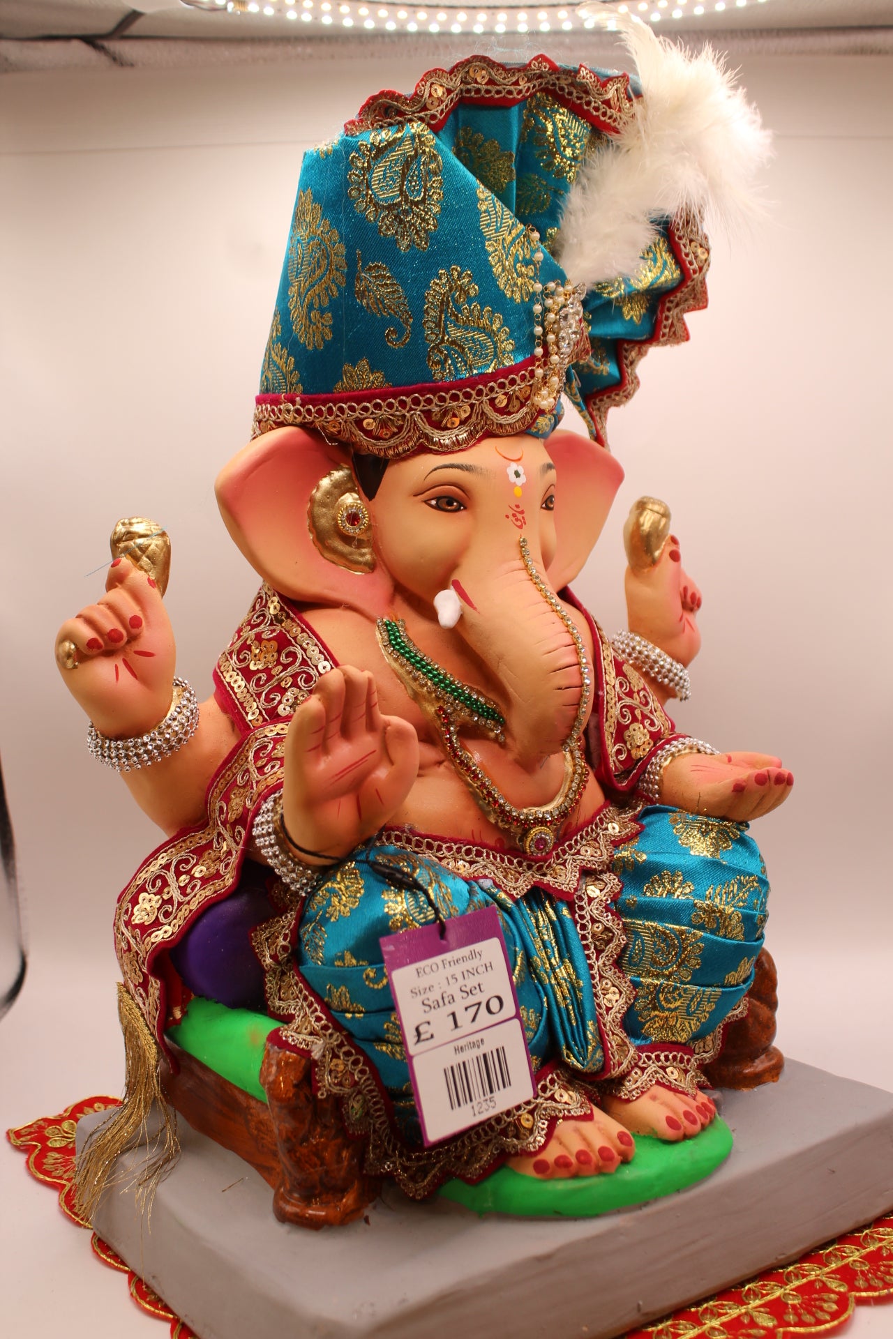 Eco-Friendly Ganesh Visarjan idol, Full Safa Set Peacock Teal & Maroon, side view