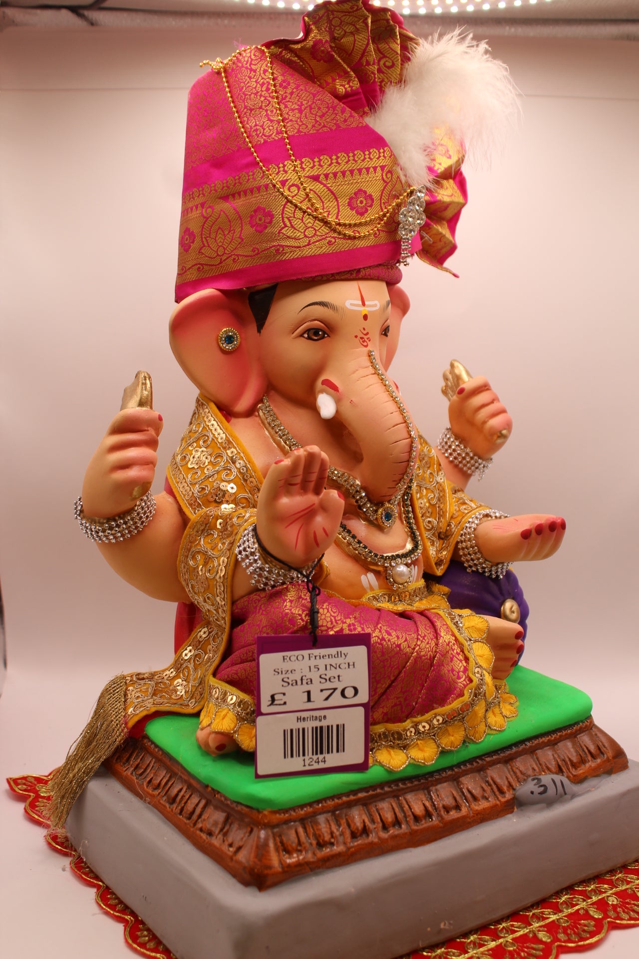 Eco-Friendly Ganesh Visarjan idol, Full Safa Set Pink Paithani & Marigold Velvet, side view