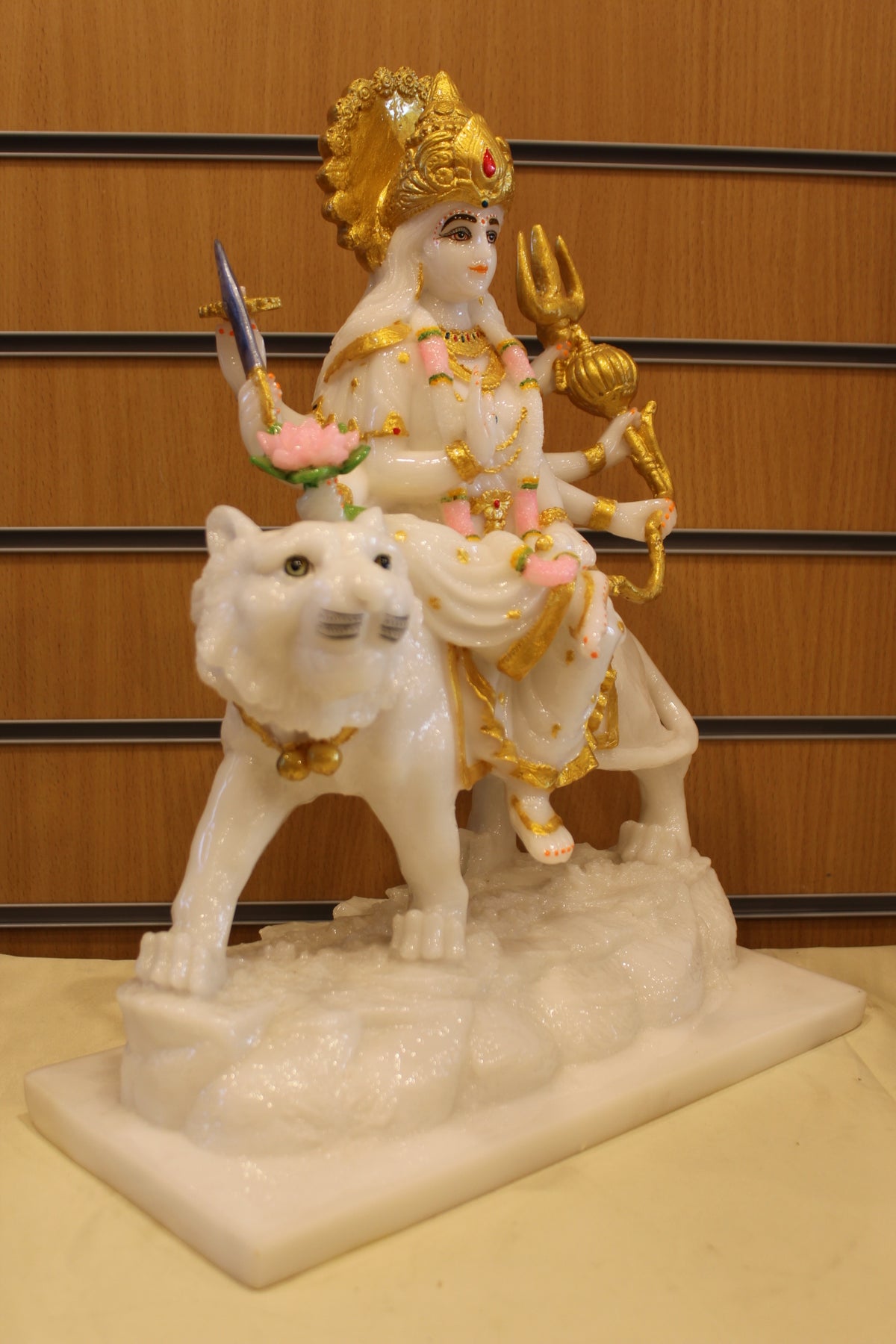 Resin/Fibre Ambe Maa Statue for Home Temple – White & Gold on Tiger, 17 inch – left side view