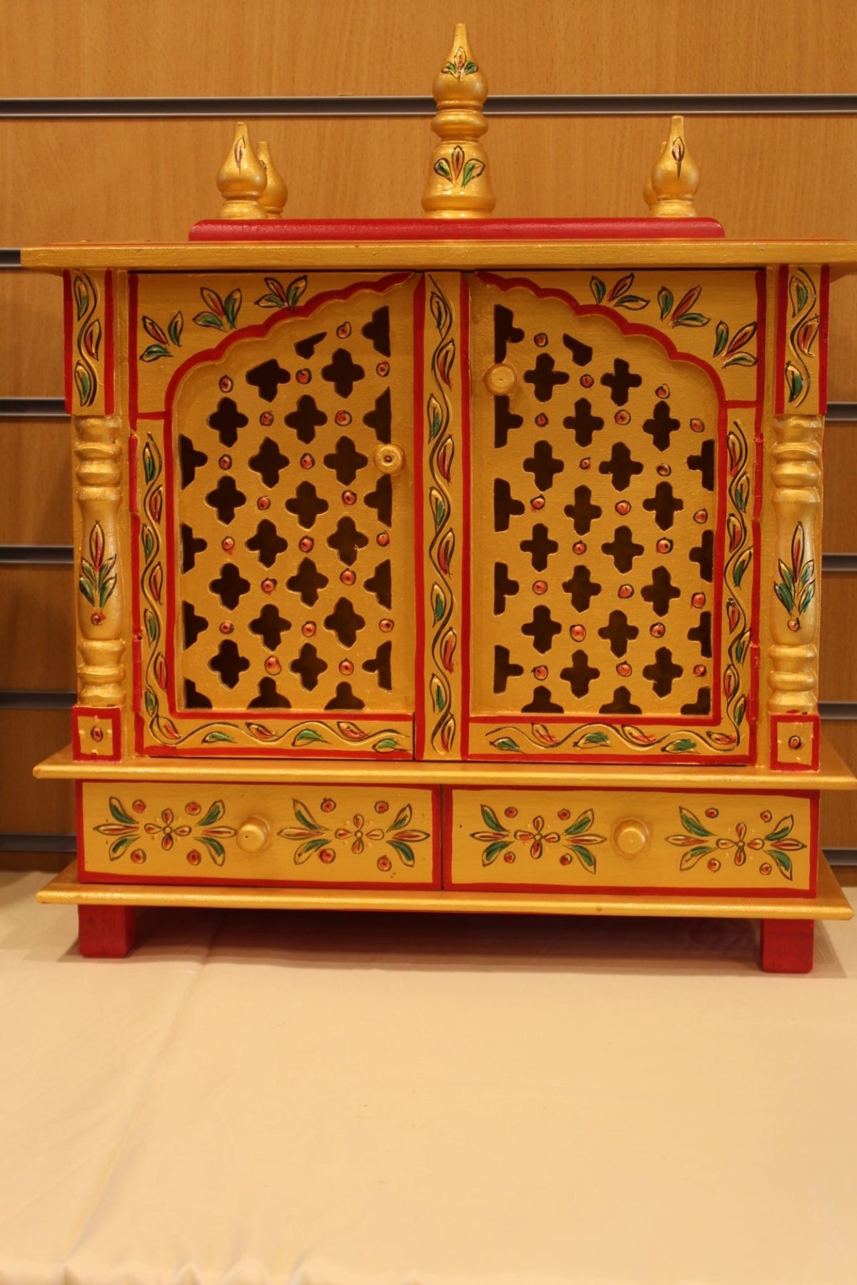 Jaipuri Mandir with Doors in golden yellow & red, front view