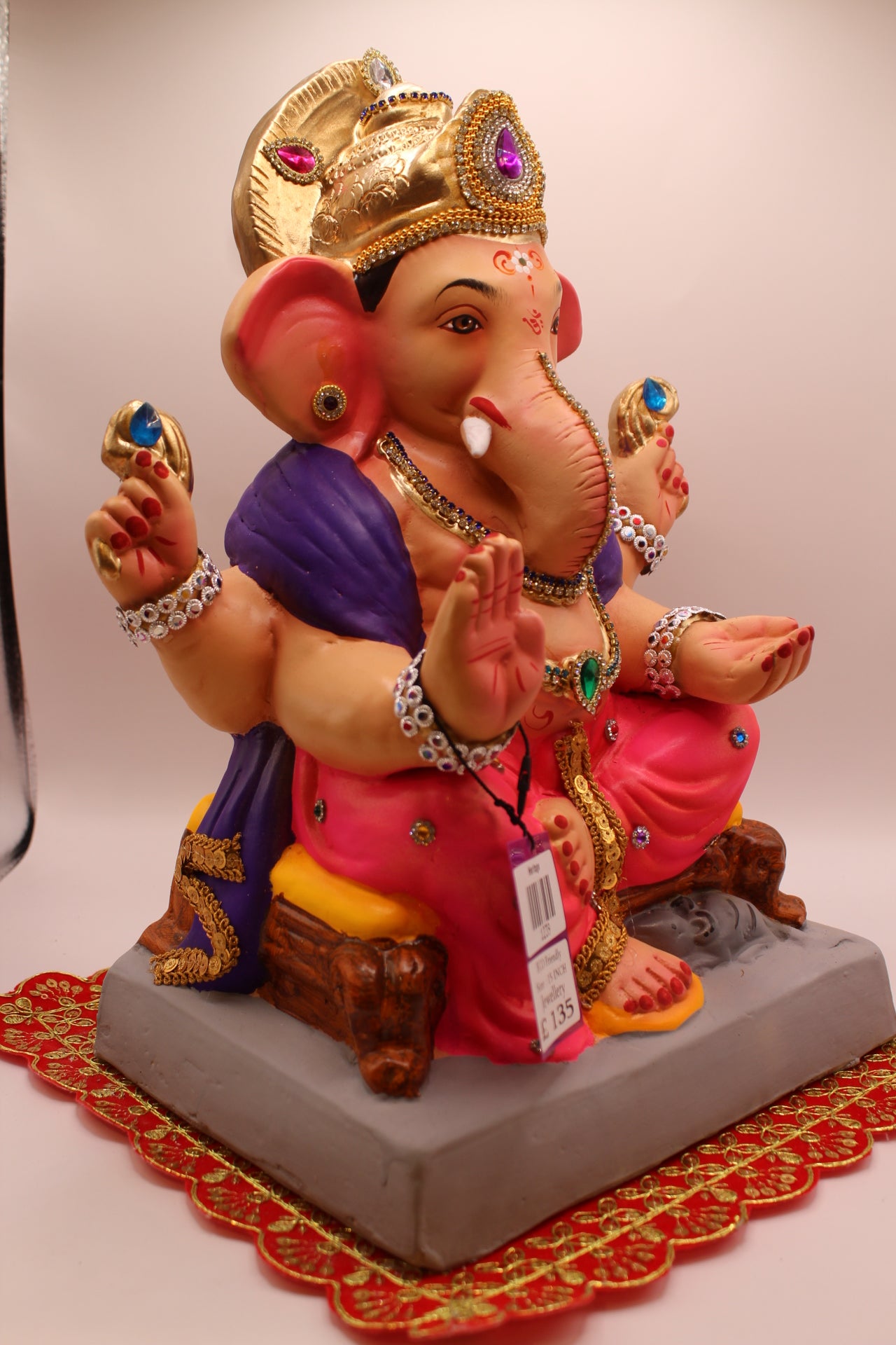 Eco-Friendly Ganesh Visarjan idol, Jewellery Style Purple Khes & Pink Dhoti, side view