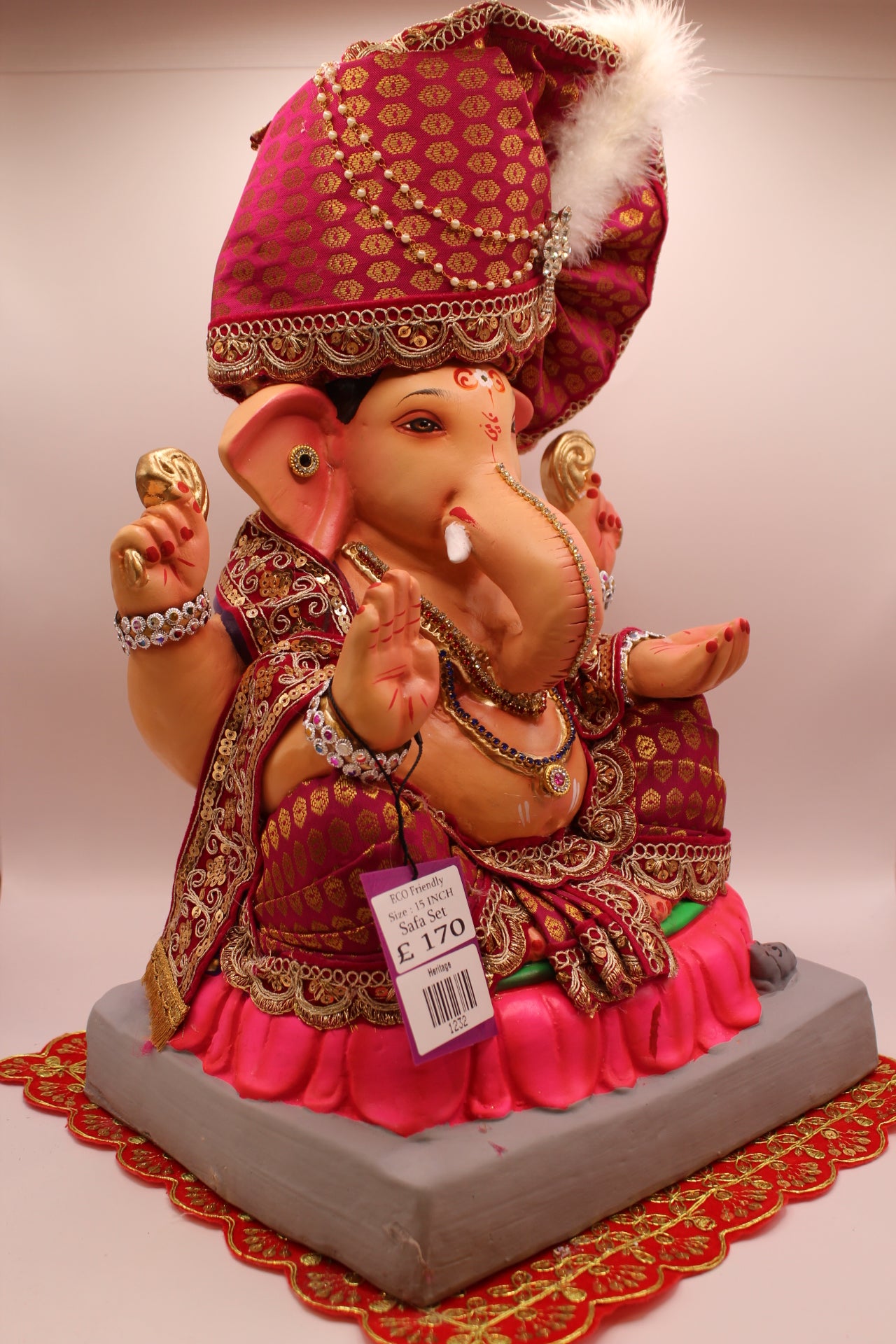 Eco-Friendly Ganesh Visarjan idol, Full Safa Set Rani Pink & Purple, close-up