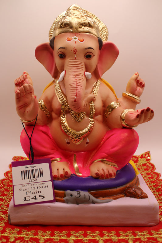 Eco-Friendly Ganesh Visarjan idol, Yellow Khes & Hot Pink Dhoti, Purple Throne Seat, front view