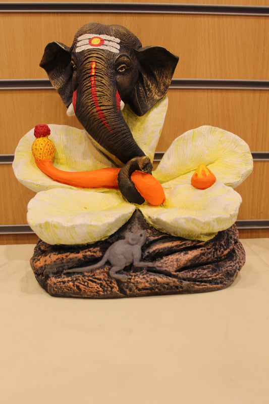Ganesh Gift Statue – Sitting in a Cream Flower, 12 inch – front view