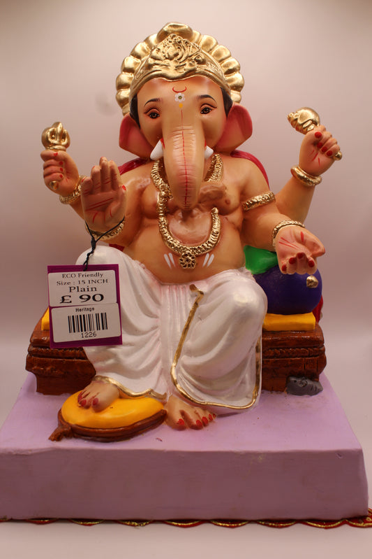 Eco-Friendly Ganesh Visarjan idol, Red Khes & White Dhoti, Modak Offerings, front view