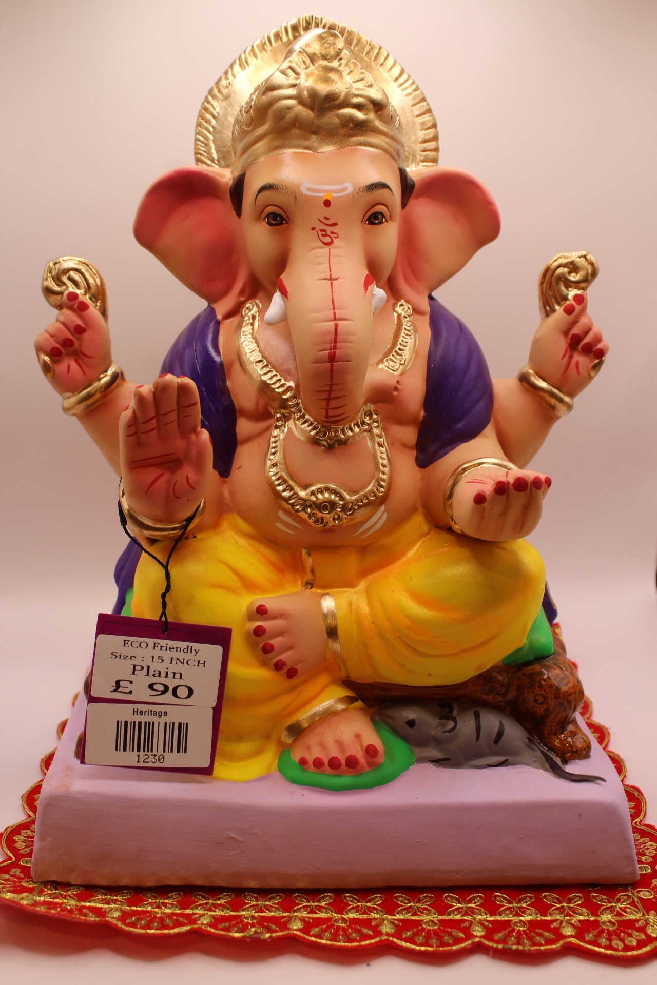 Eco-Friendly Ganesh Visarjan idol, Purple Khes & Yellow Dhoti, Rock Seat, front view