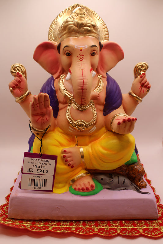 Eco-Friendly Ganesh Visarjan idol, Purple Khes & Yellow Dhoti, Rock Seat, front view