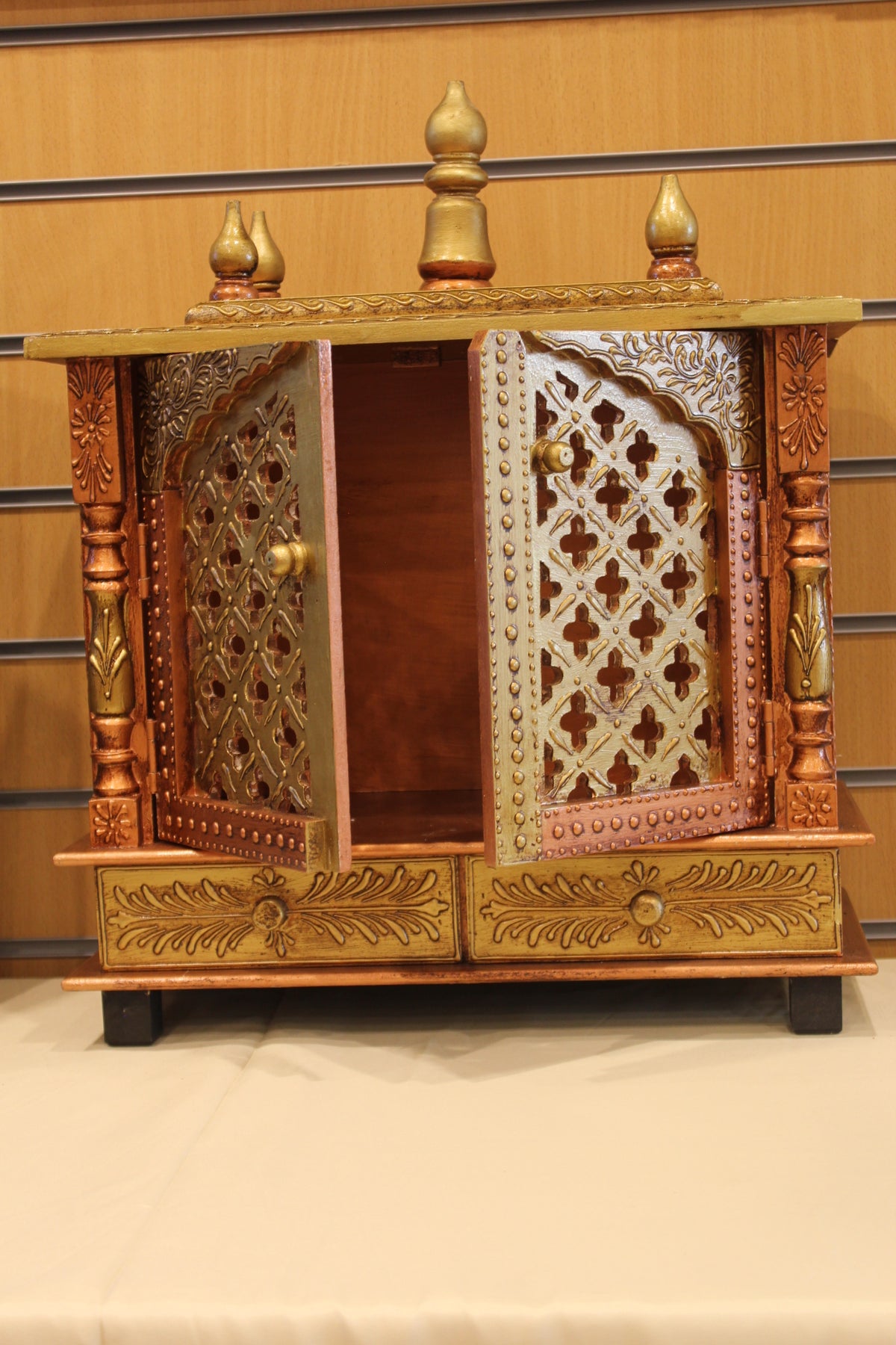 Jaipuri Mandir with Doors in bronze & gold, doors open