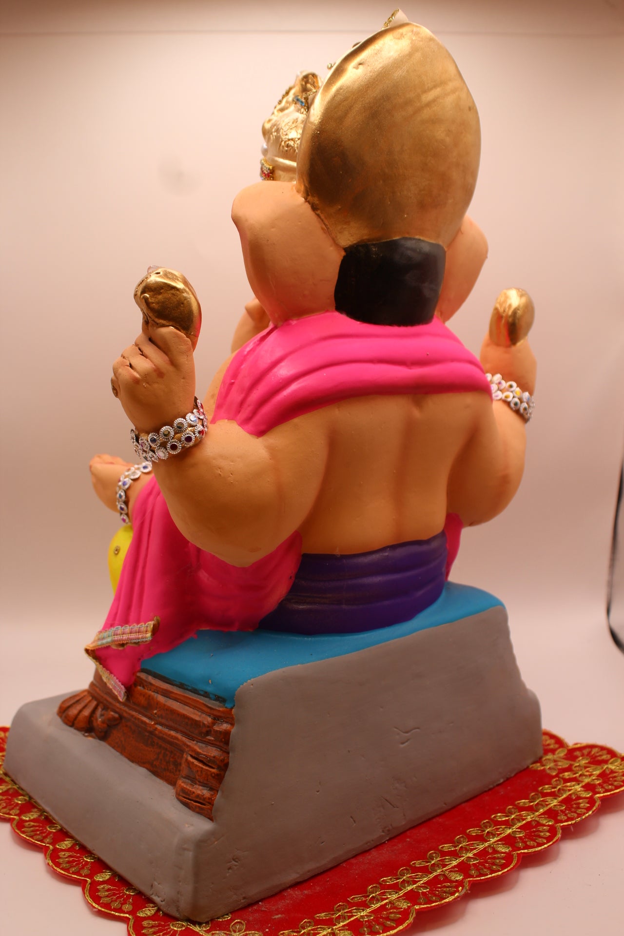 Eco-Friendly Ganesh Visarjan idol, Jewellery Style Yellow Dhoti & Pink Khes, back view
