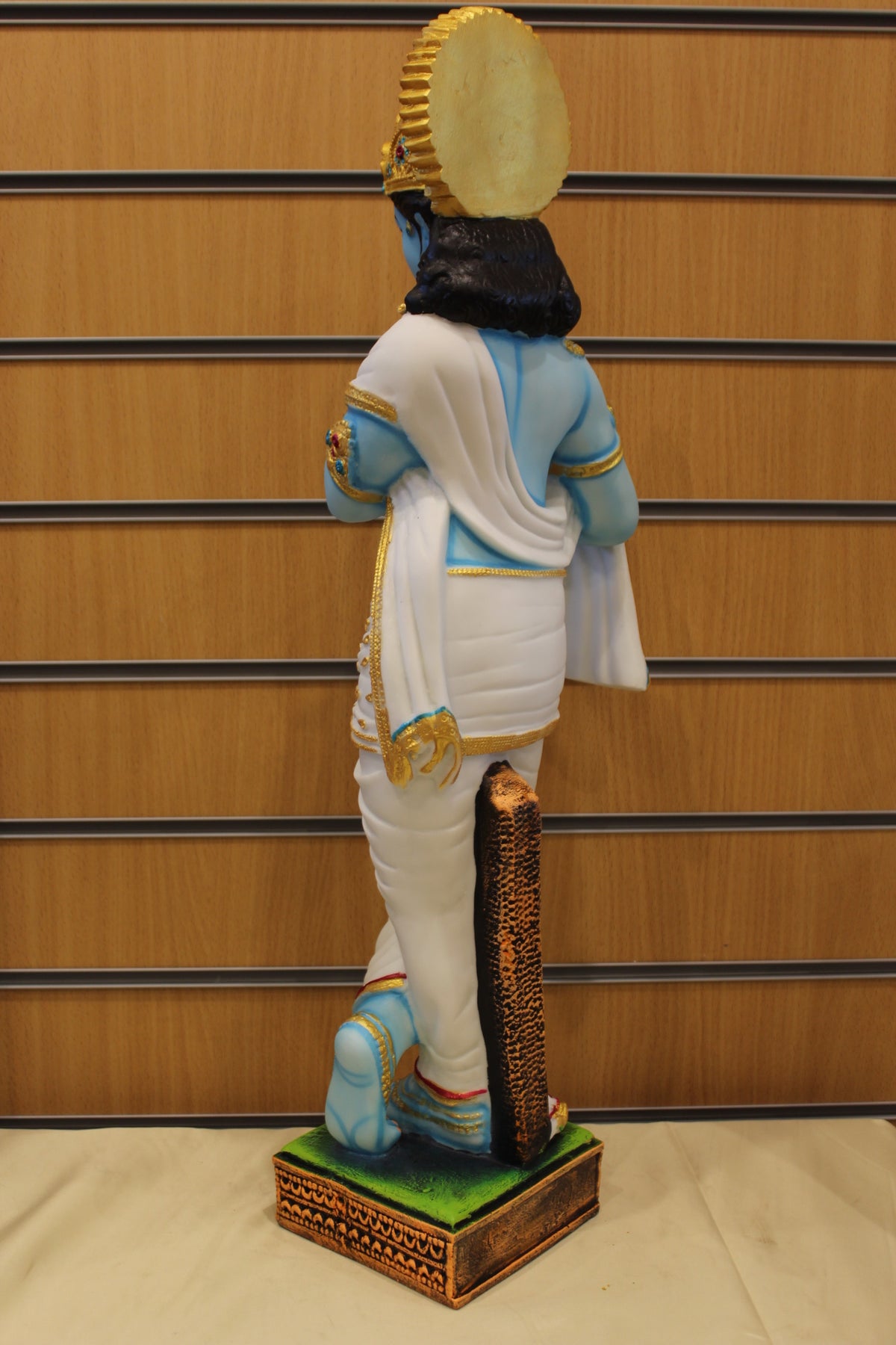 Resin/Fibre Krishna Statue for Home Temple – Playing Flute, 25 inch – Blue Krishna, White Dhoti – back view