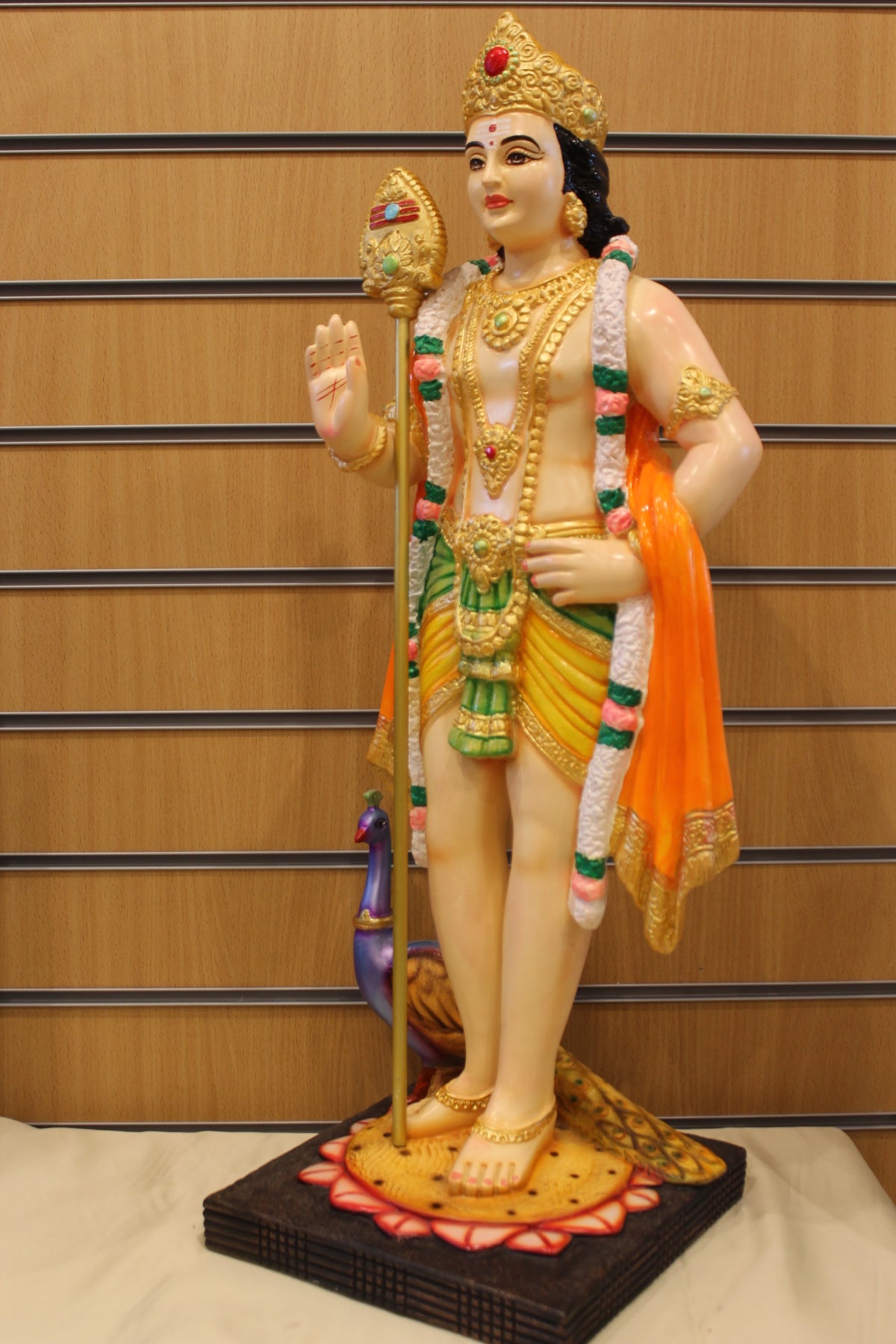 Resin/Fibre Murugan Statue for Home Temple – Standing with Vel and Peacock, 29 inch – Painted – right side view