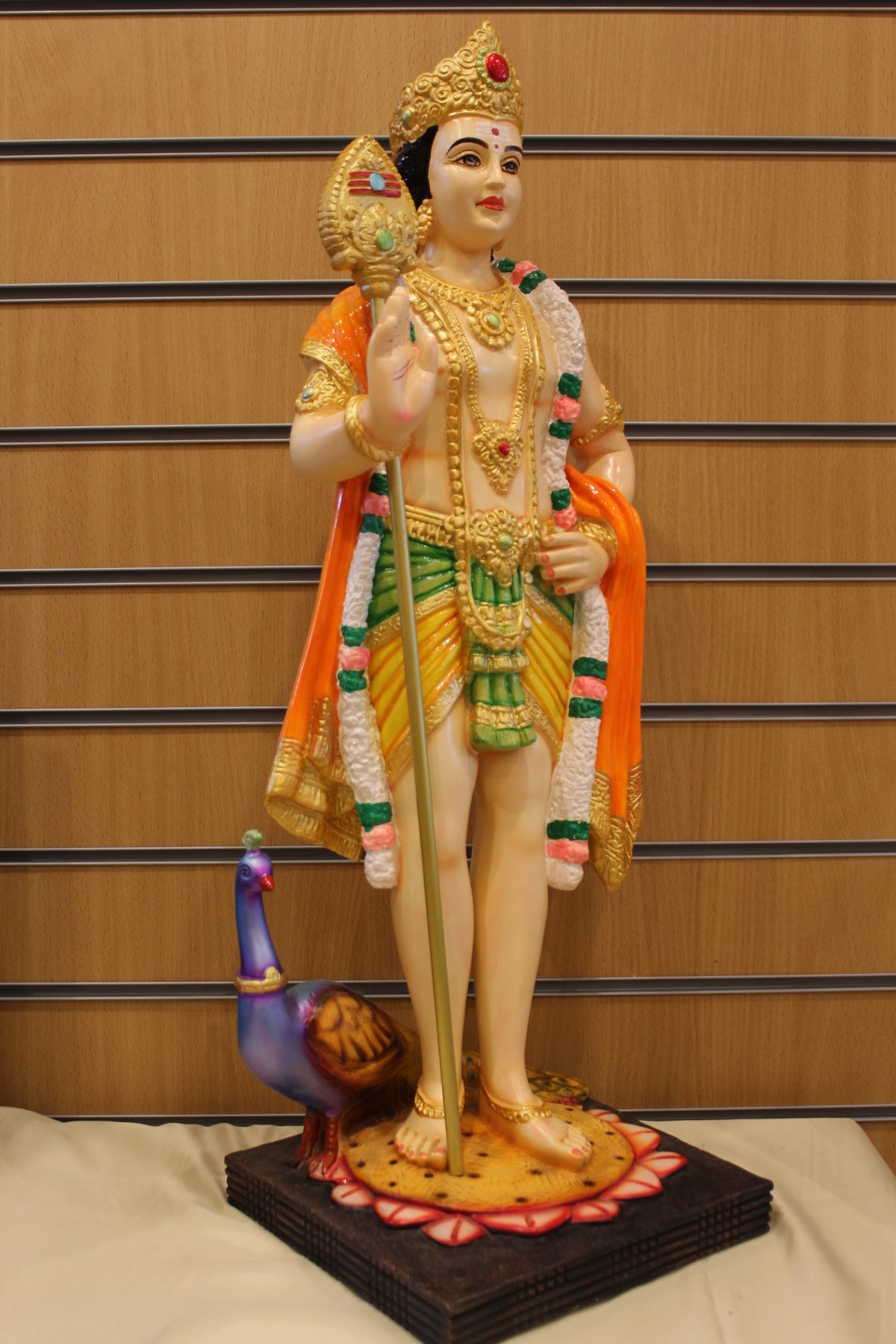 Resin/Fibre Murugan Statue for Home Temple – Standing with Vel and Peacock, 29 inch – Painted – left side view