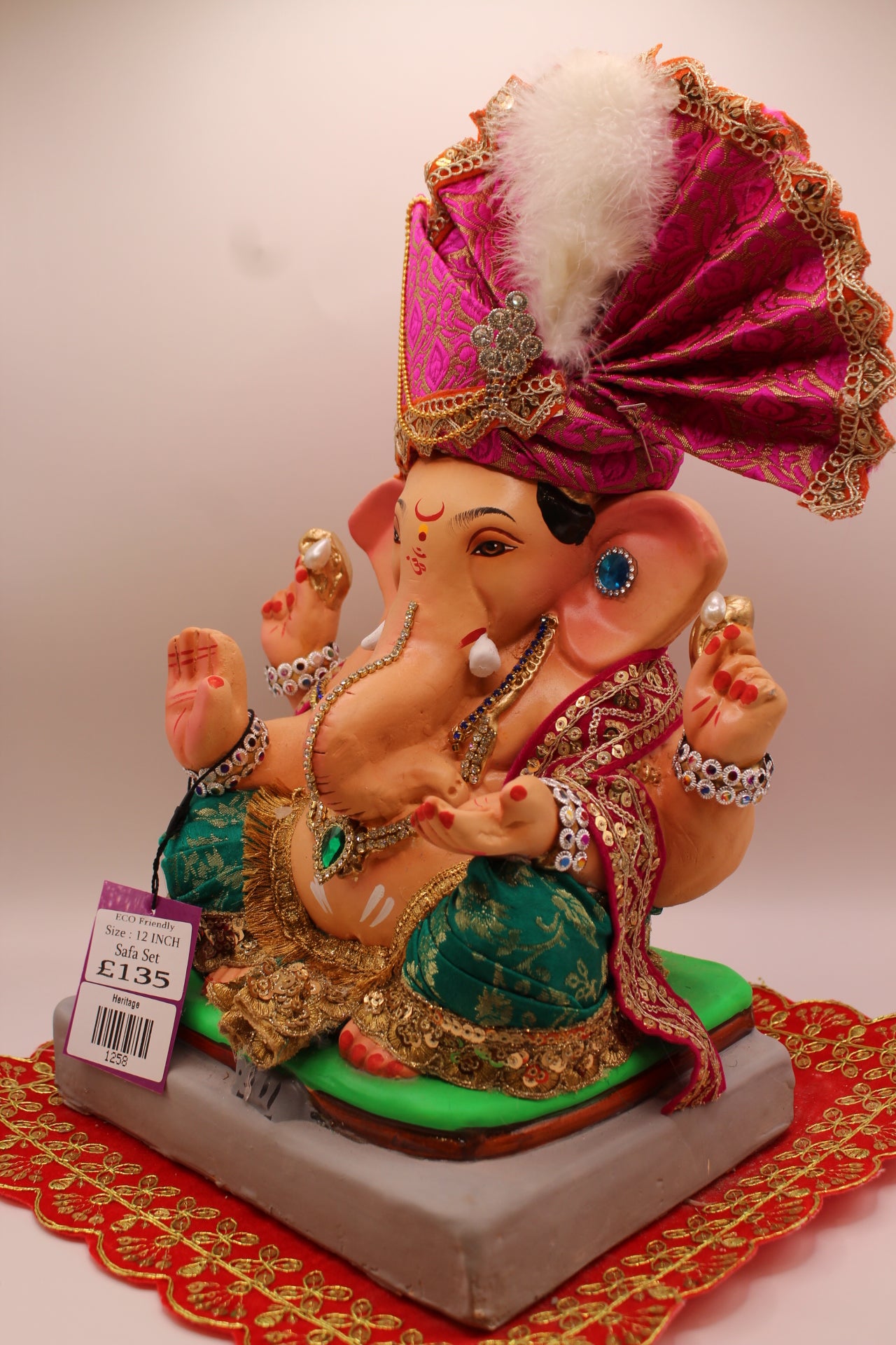 Eco-Friendly Ganesh Visarjan idol, Full Safa Set Magenta & Teal, side view