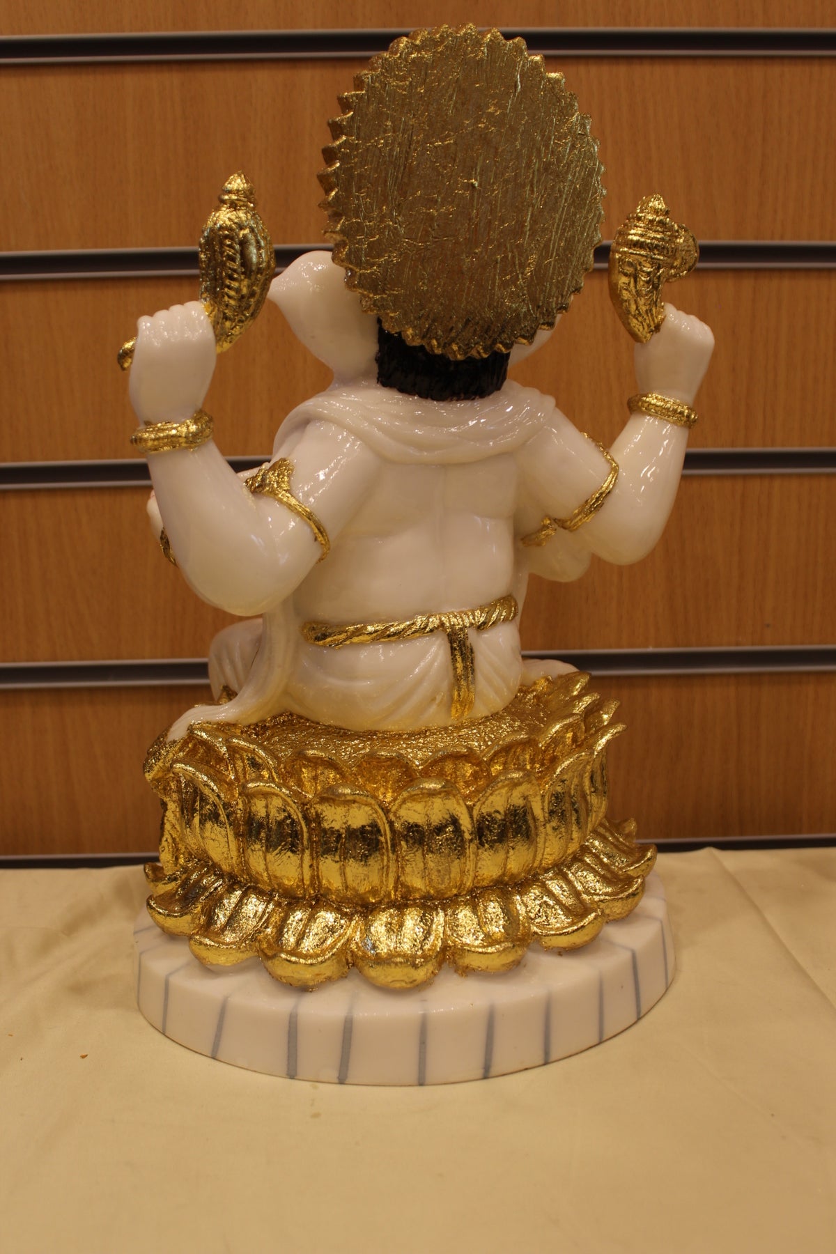 Resin/Fibre Ganesh Statue for Home Temple – White & Gold on Lotus, 14 inch – back view