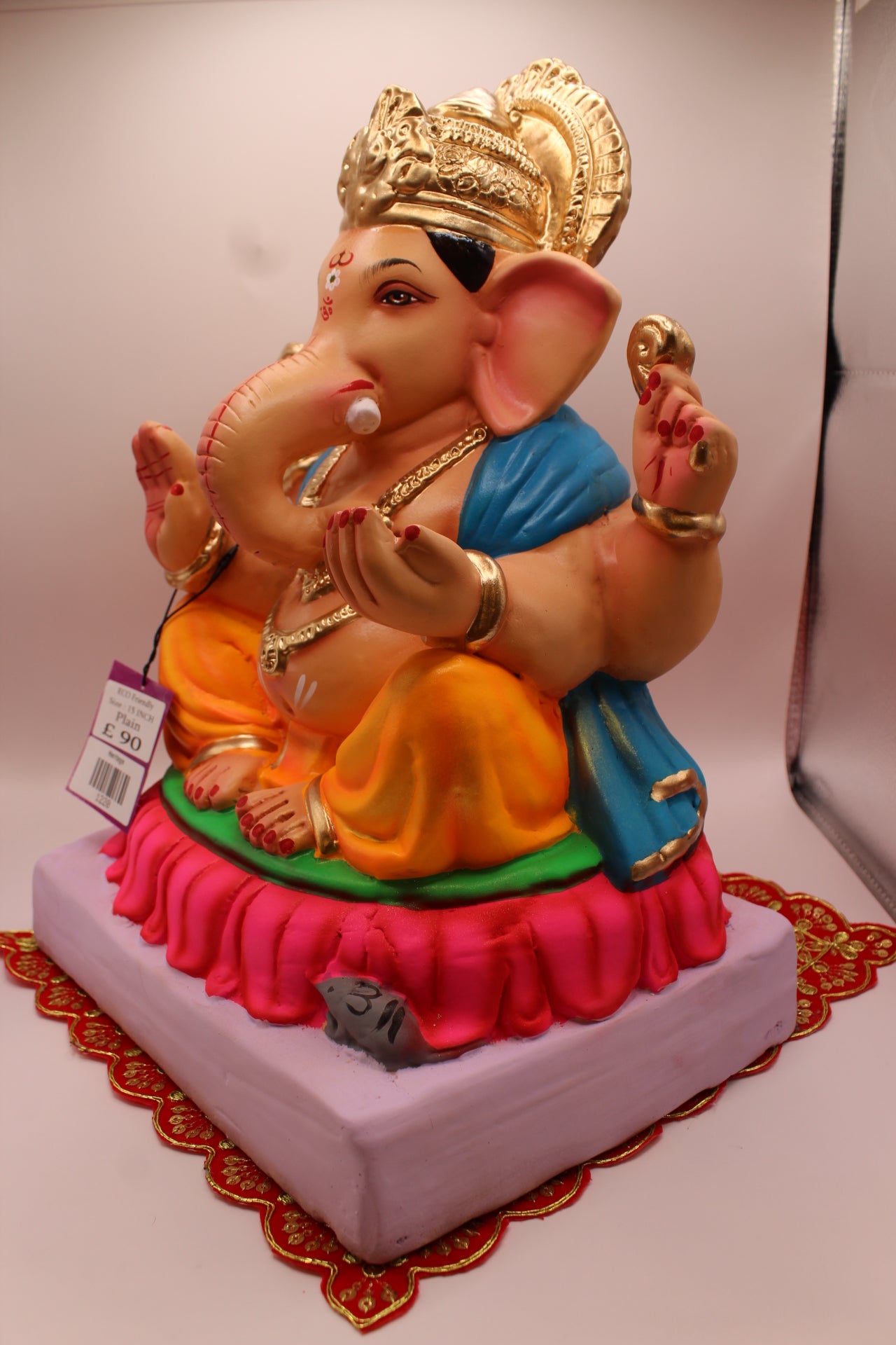 Eco-Friendly Ganesh Visarjan idol, Blue Khes & Orange Dhoti, Pink Lotus Base, side view