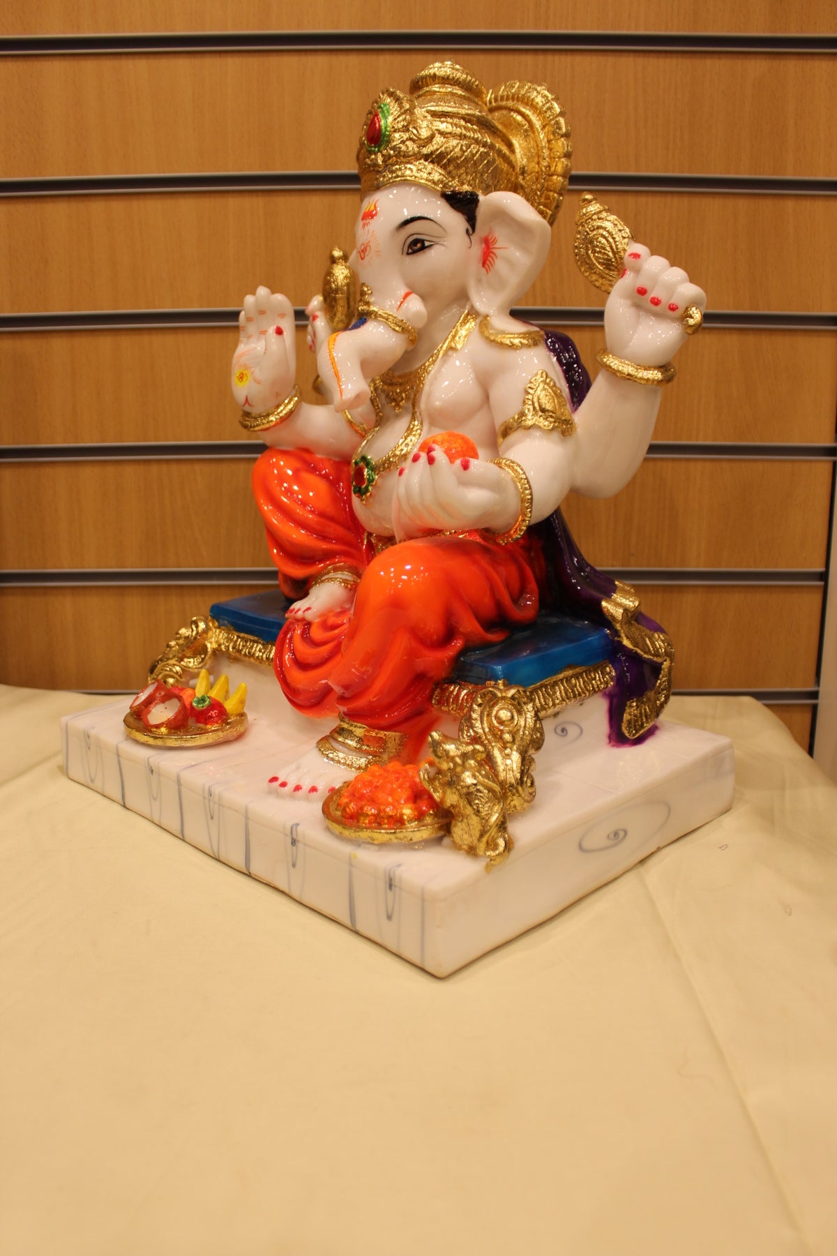 Resin/Fibre Ganesh Statue for Home Temple – On Throne with Modak, 17 inch – right side view