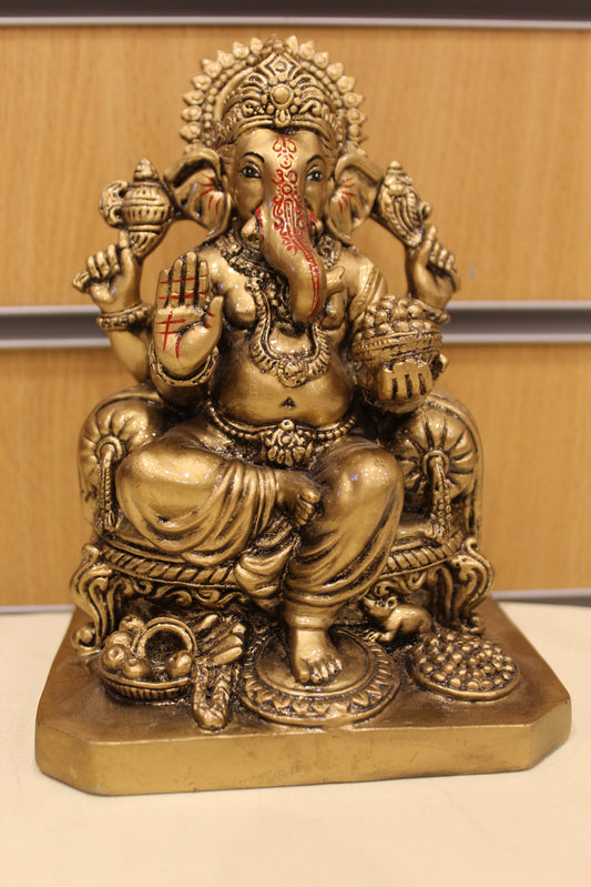 Resin Ganesh Statue – Antique Gold, Seated on Throne, 7 inch – front view