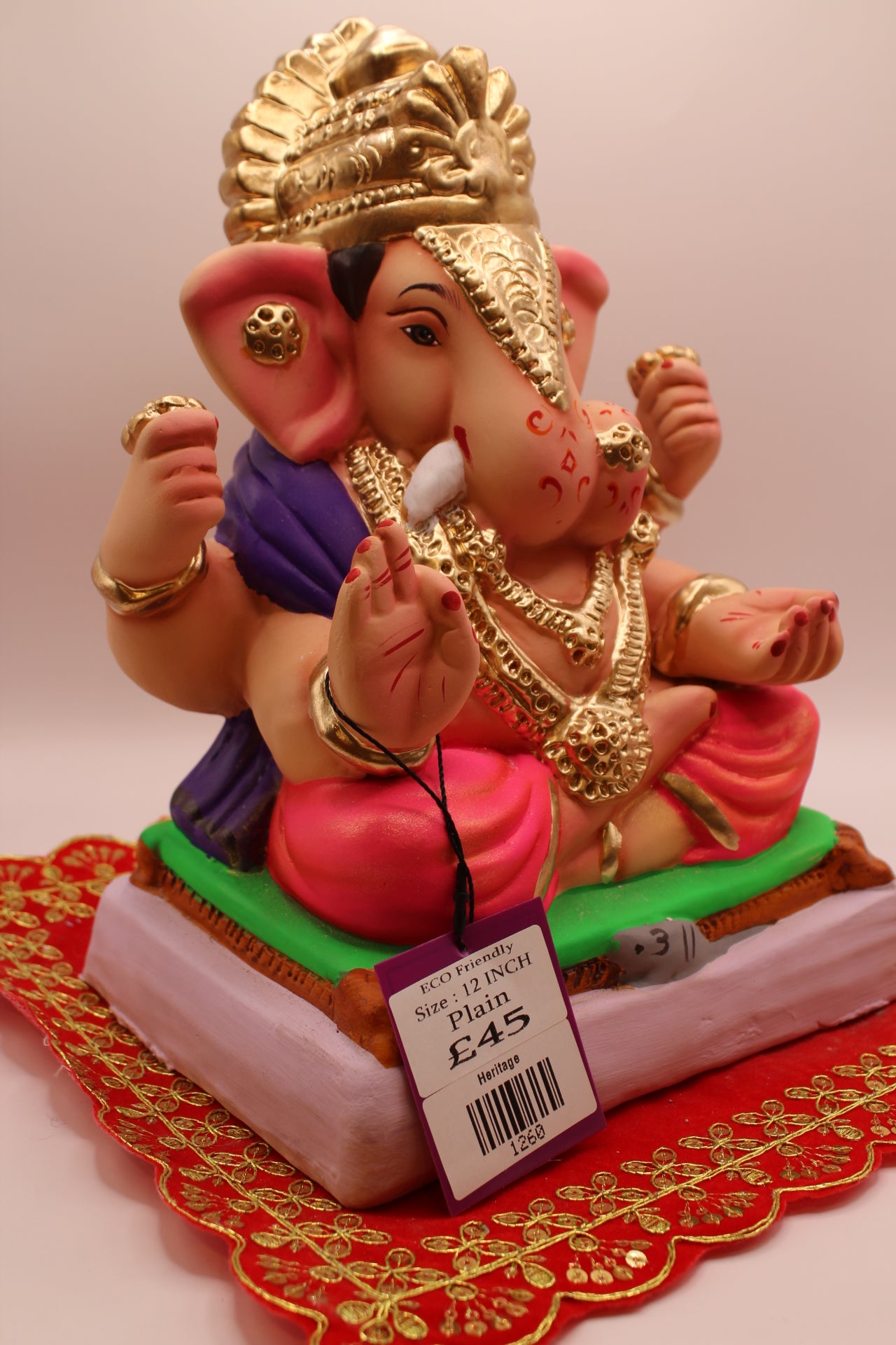 Eco-Friendly Ganesh Visarjan idol, Pink Dhoti & Purple Khes, Gold Fan Mukut, close-up
