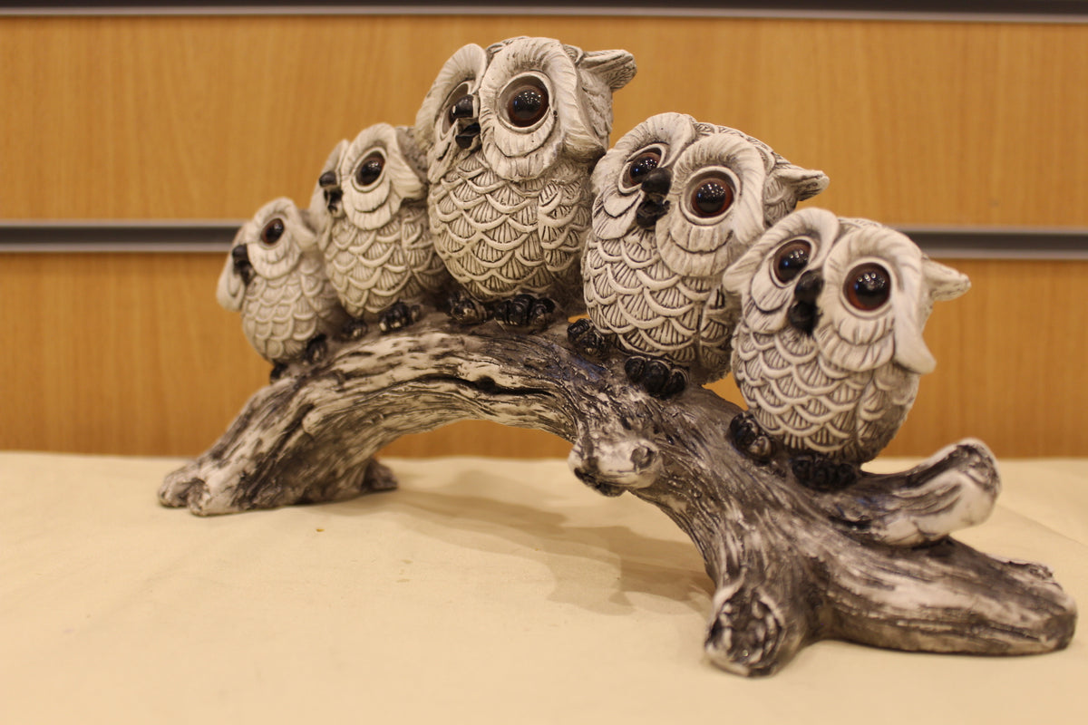 Owls on a Branch Sculpture – Five Owls, 12 inch – right side view