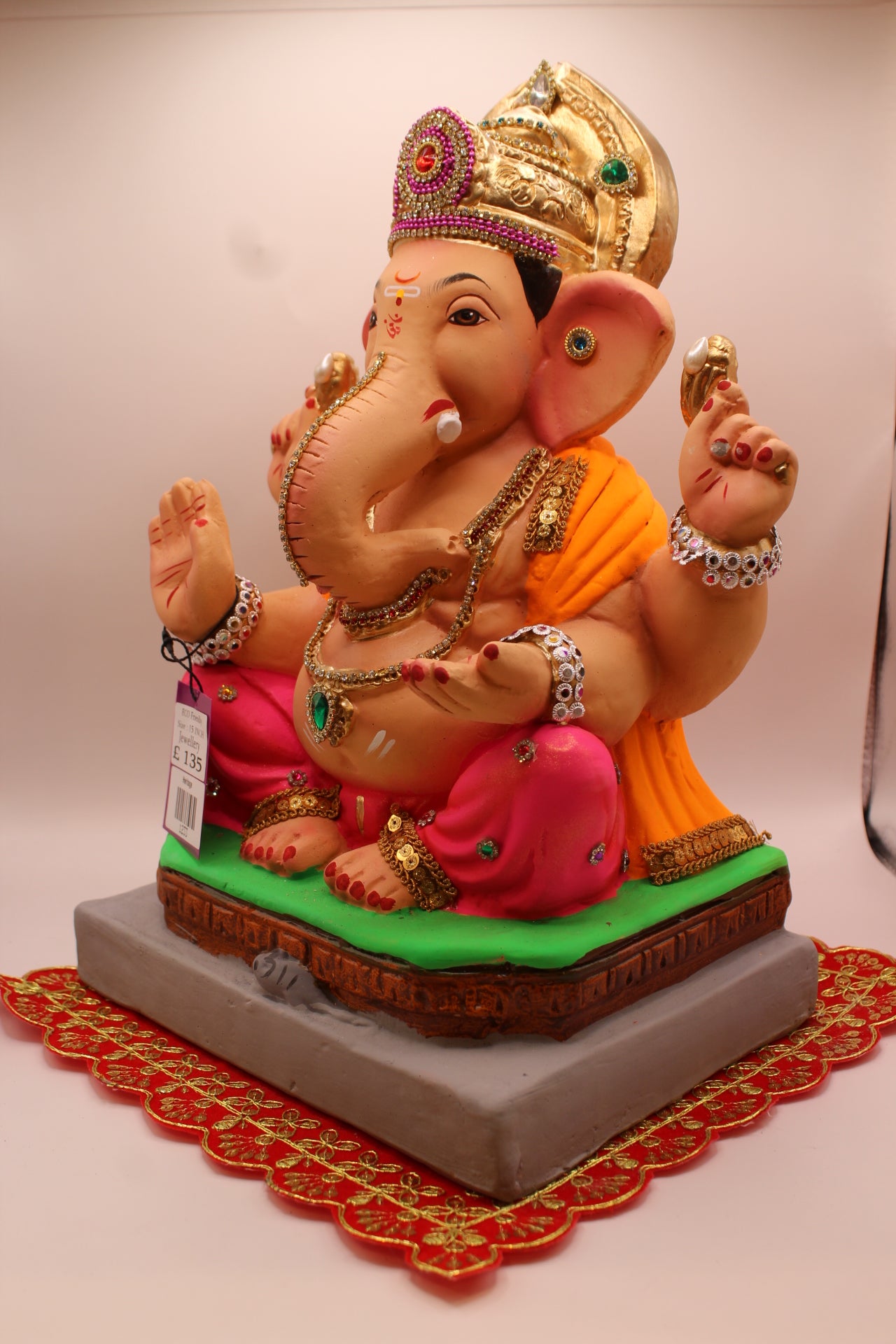 Eco-Friendly Ganesh Visarjan idol, Jewellery Style Orange Khes & Pink Dhoti, side view