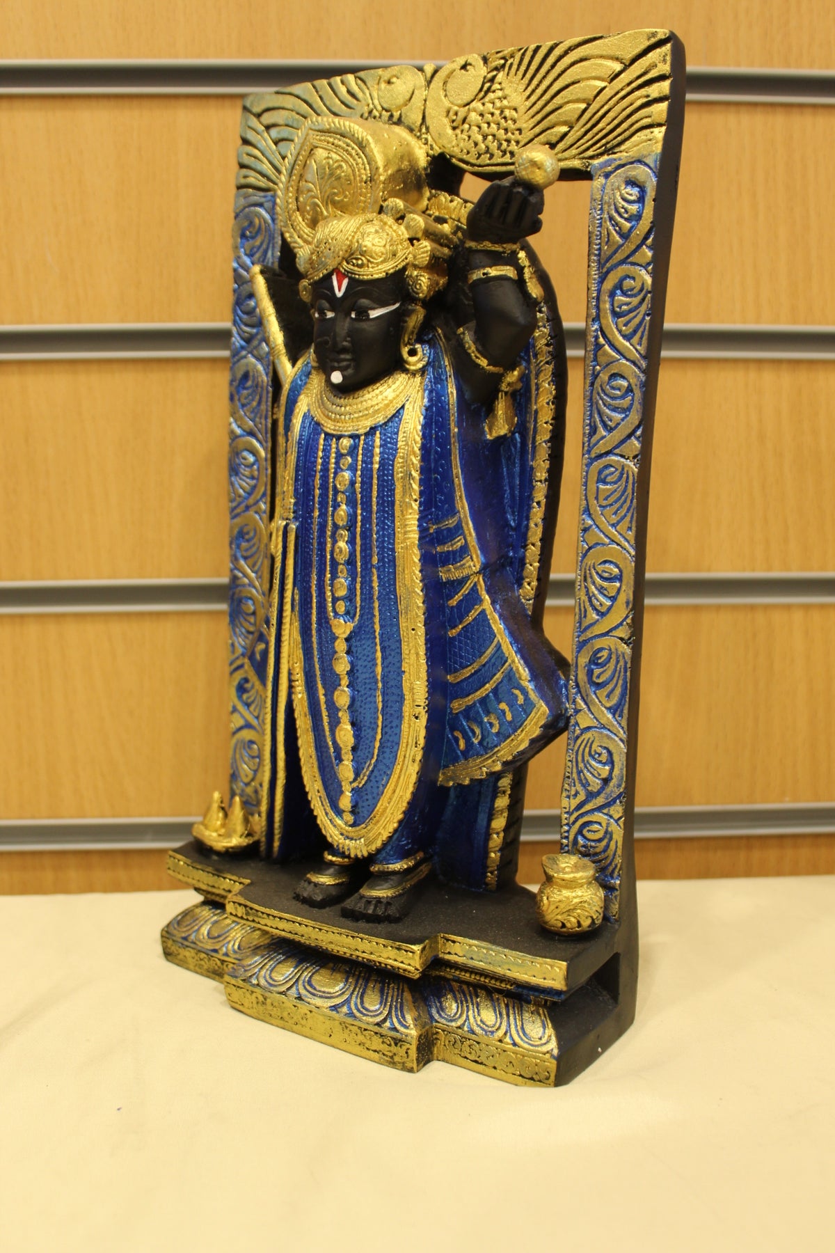 Resin/Fibre Shreenathji Statue for Home Temple – In Carved Frame, 11.5 inch – Black & Blue – right side view