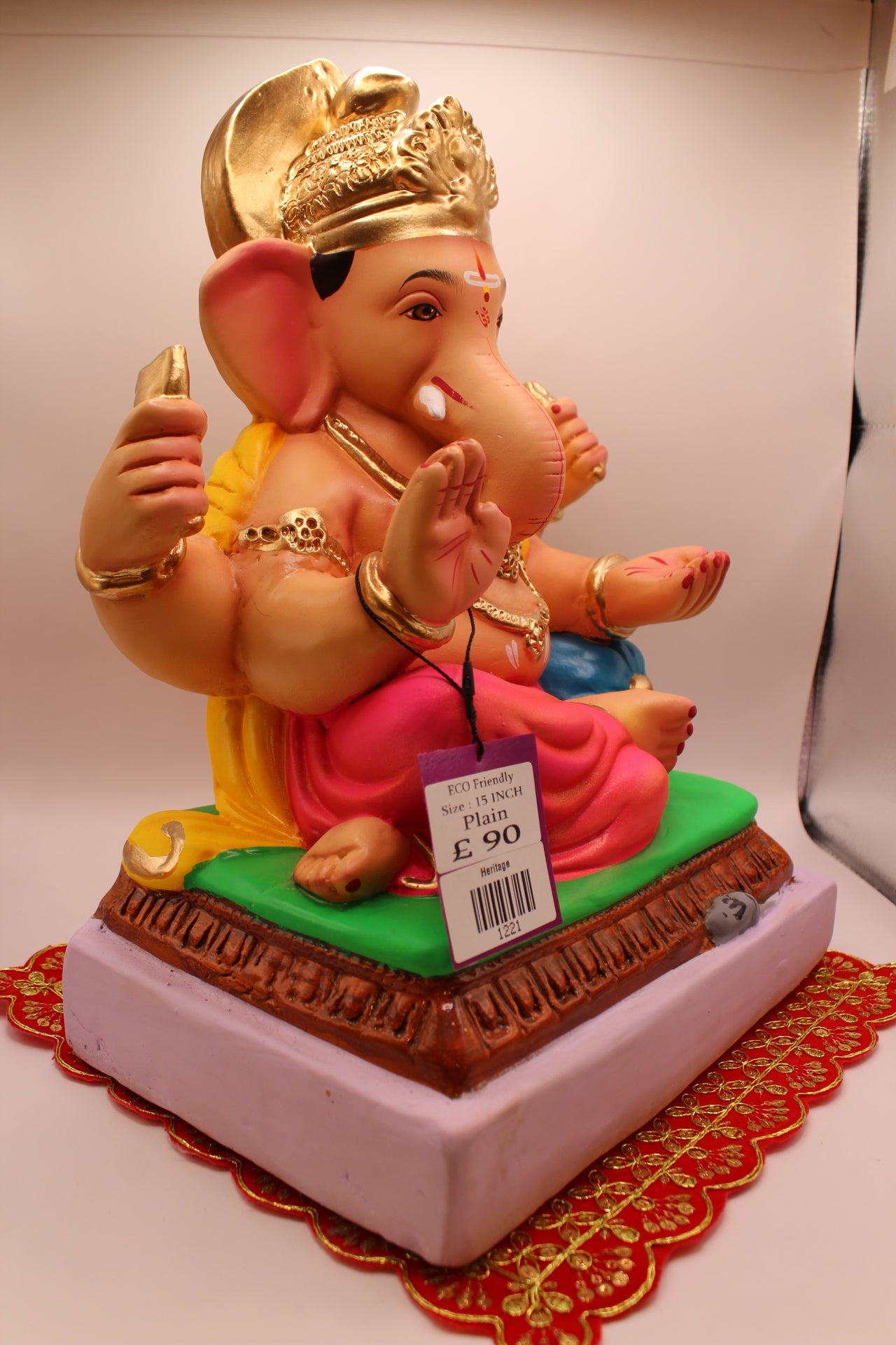 Eco-Friendly Ganesh Visarjan idol, Yellow Khes & Pink Dhoti, Turquoise Bolster, side view