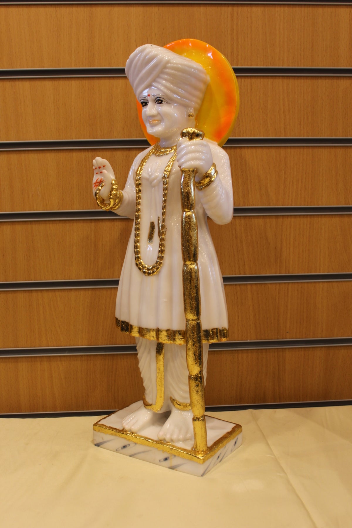 Resin/Fibre Jalaram Bapa Statue for Home Temple – White with Halo, 21 inch – White & Gold – right side view