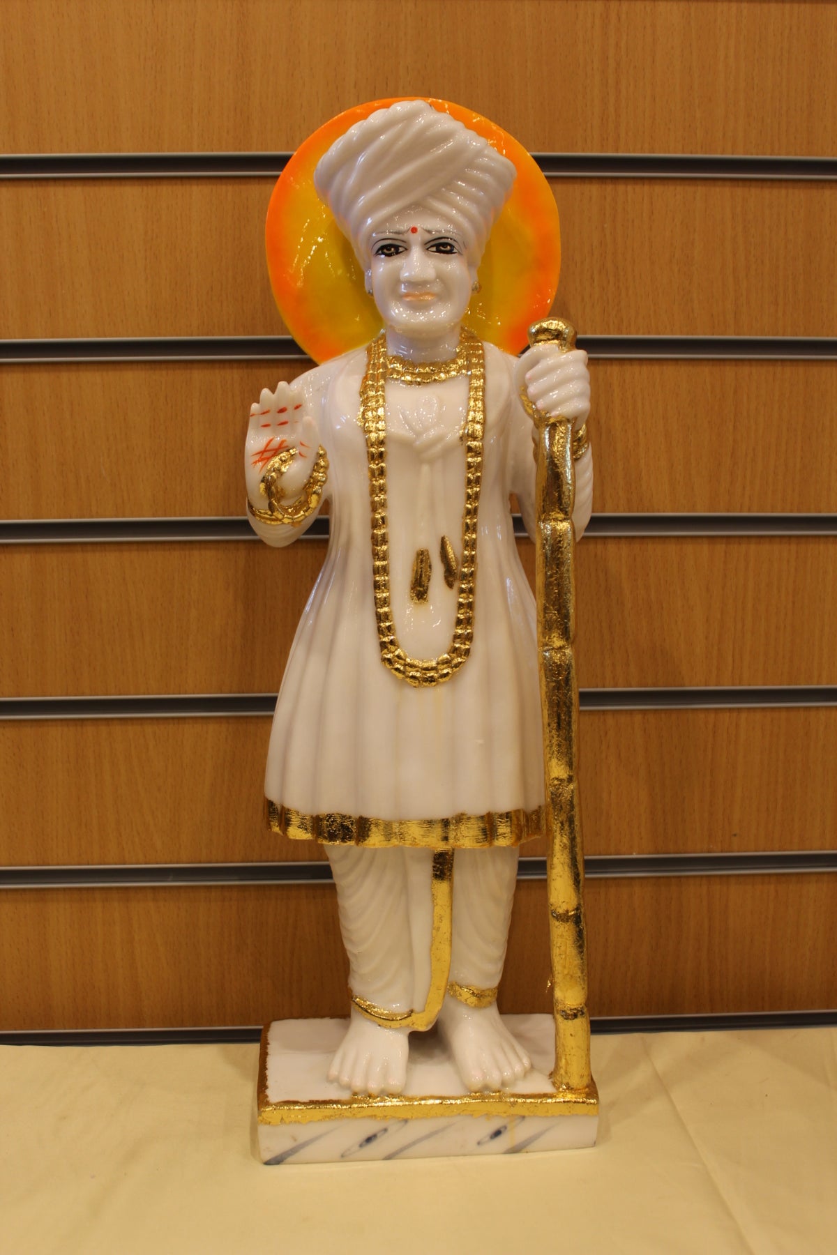 Resin/Fibre Jalaram Bapa Statue for Home Temple – White with Halo, 21 inch – White & Gold – front view