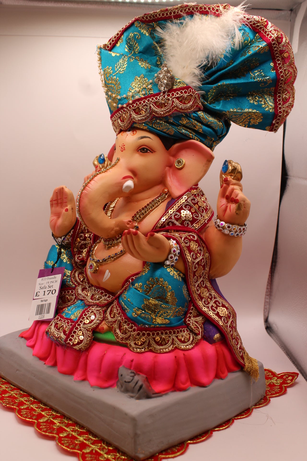 Eco-Friendly Ganesh Visarjan idol, Full Safa Set Teal Brocade & Wine Velvet, close-up